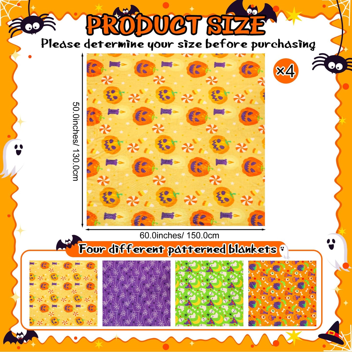 Fanfanwin 4 Pack Halloween Throw Blankets Pumpkin Spider Web Bone Eyes Wizard Hat Moon Soft Flannel Fuzzy Blankets Halloween Cozy Gifts Picnic Home Decor for Sofa Chairs Living Bedroom, 50 x 60 Inch