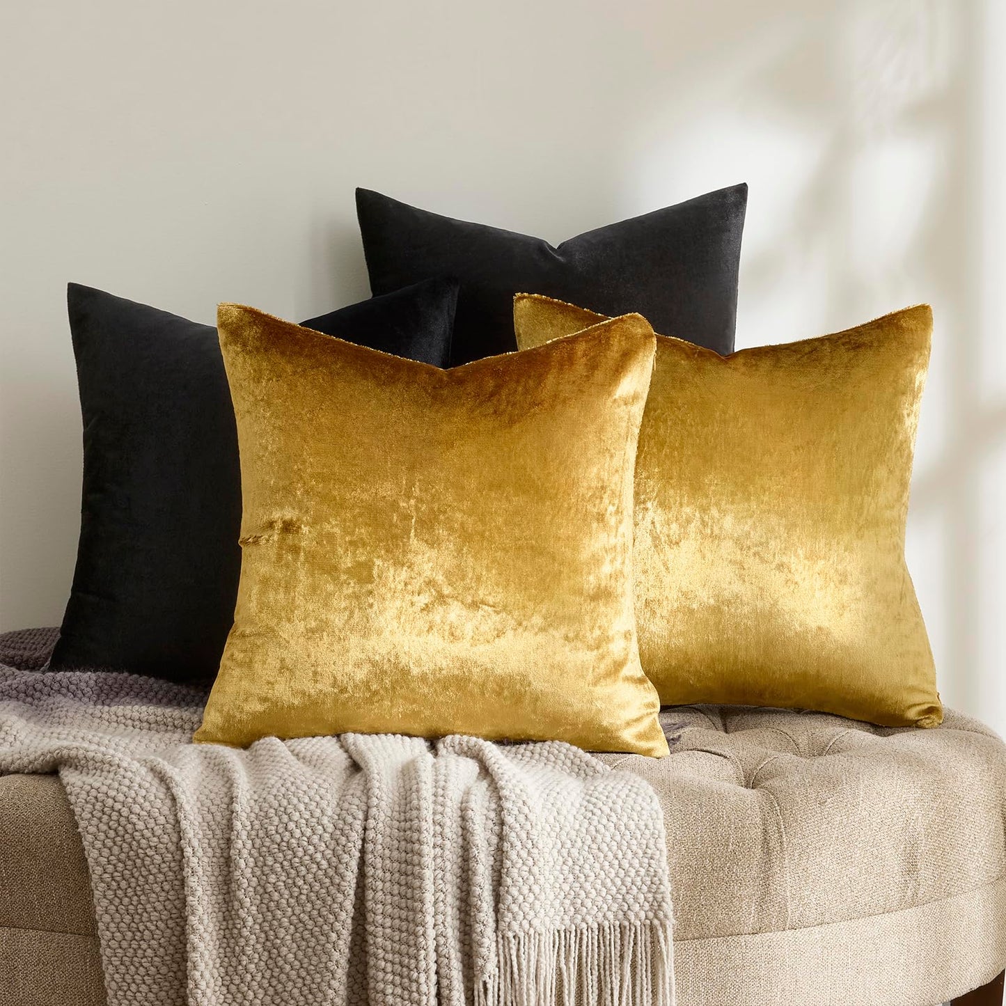 GIGIZAZA Decorative Throw Pillow Covers 18 x 18,Gold Black Soft, Set of 4 Square Velvet Cushion Covers