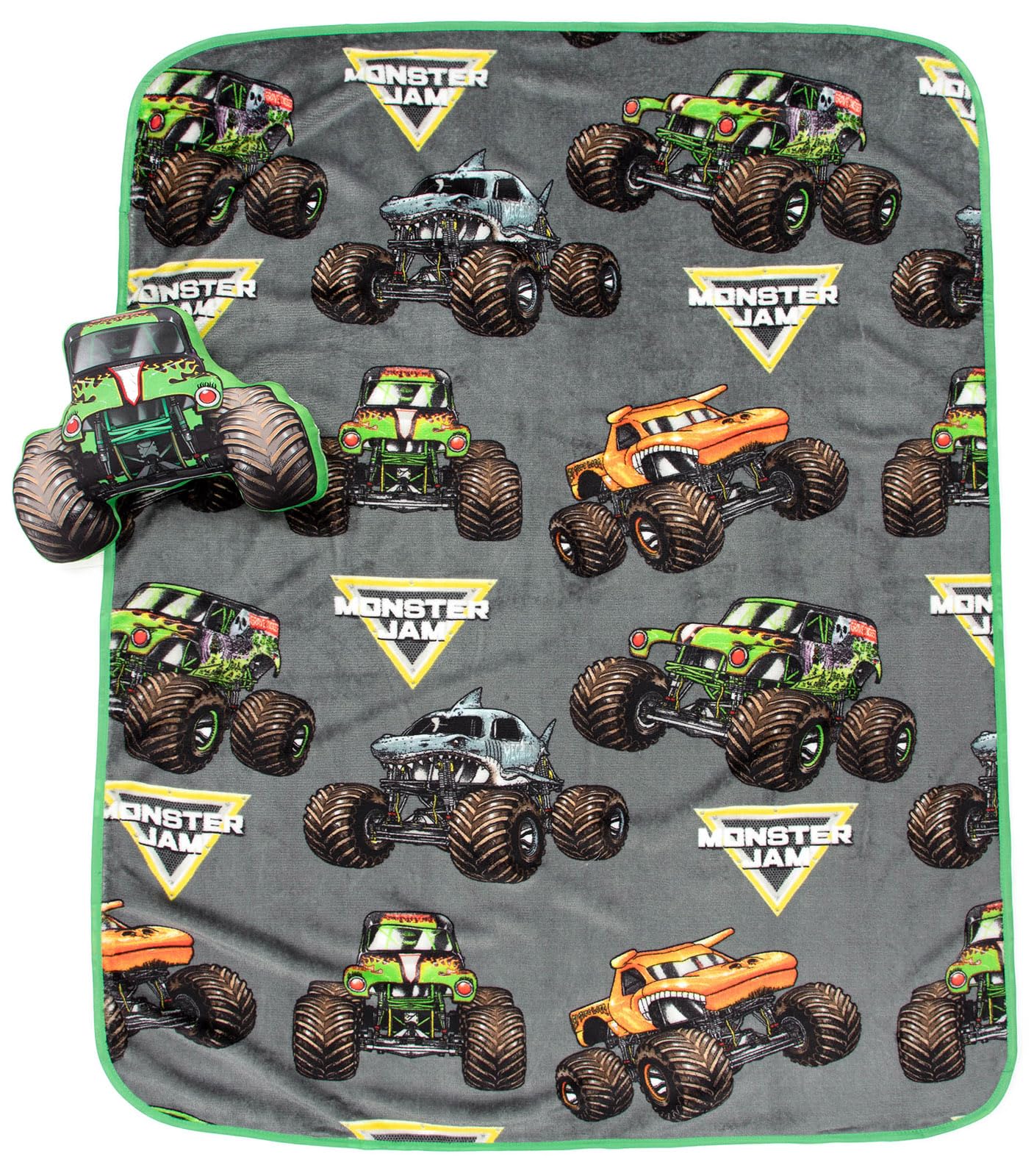 Jay Franco Monster Jam Grave Digger Nogginz Set - 40 x 50 Inch Lightweight Travel Throw Blanket & Pillow - Kids Super Soft 2 Piece Bedding Set