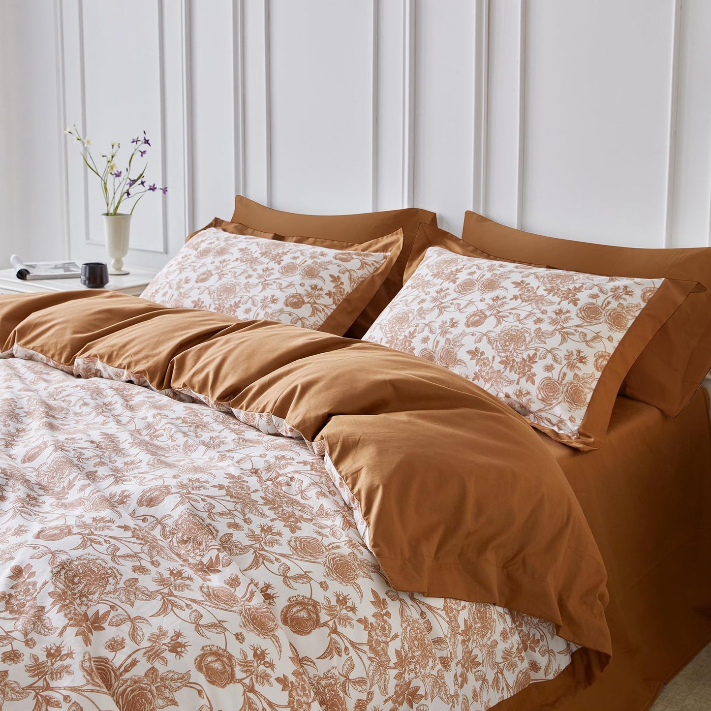 SUSYBAO Floral Duvet Cover Queen 100% Cotton 3 Pcs Set 1 Farmhouse Botanical Flower Duvet Cover with Zipper Ties 2 Pillow Shams Decorative Brown Ruffle Hem Bedding Set Soft