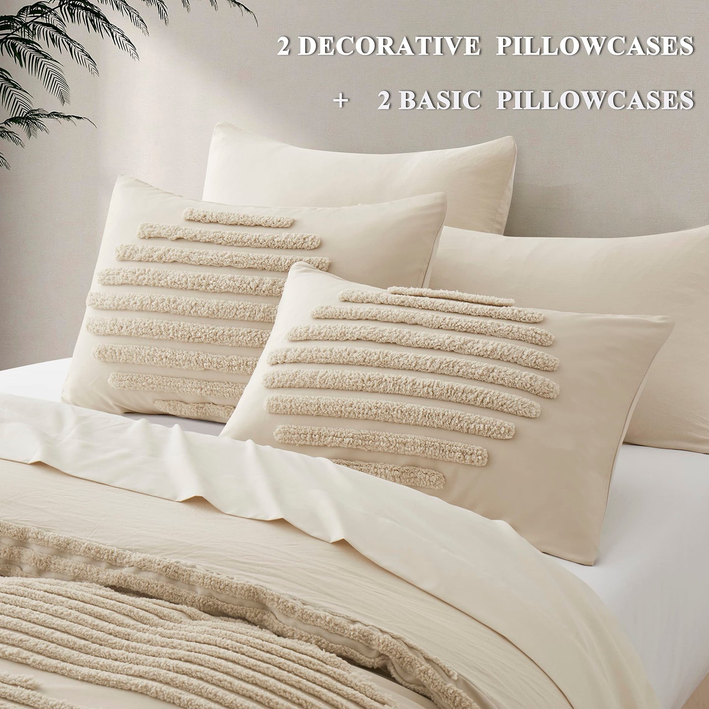 BEDAZZLED Queen Size Duvet Cover, 5 Pieces Beige Textured Duvet Cover Sets, Soft and Breathable Boho Tufted Bedding Comforter Cover Set for Gifts, Comforter Not Included (Beige, Queen)