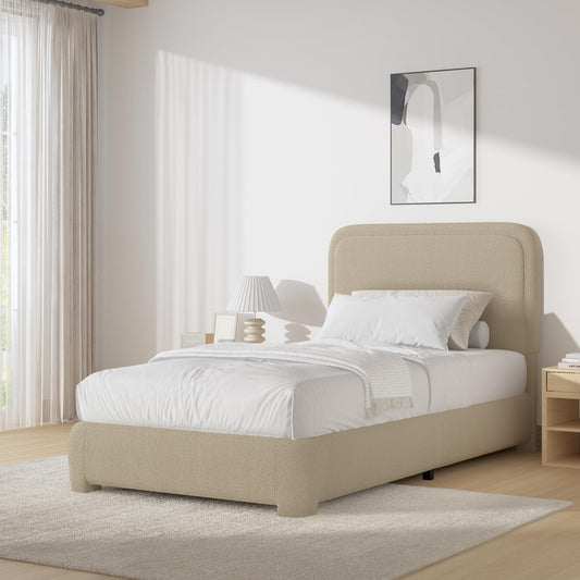 BarnFurin Twin Bed Frames with Headboard,Cloud Boucle Upholstered Platform Bed, Soft Rounded Corners, No Box Spring Needed, Non-Slip and Noise-Free, Easy Assembly, Beige
