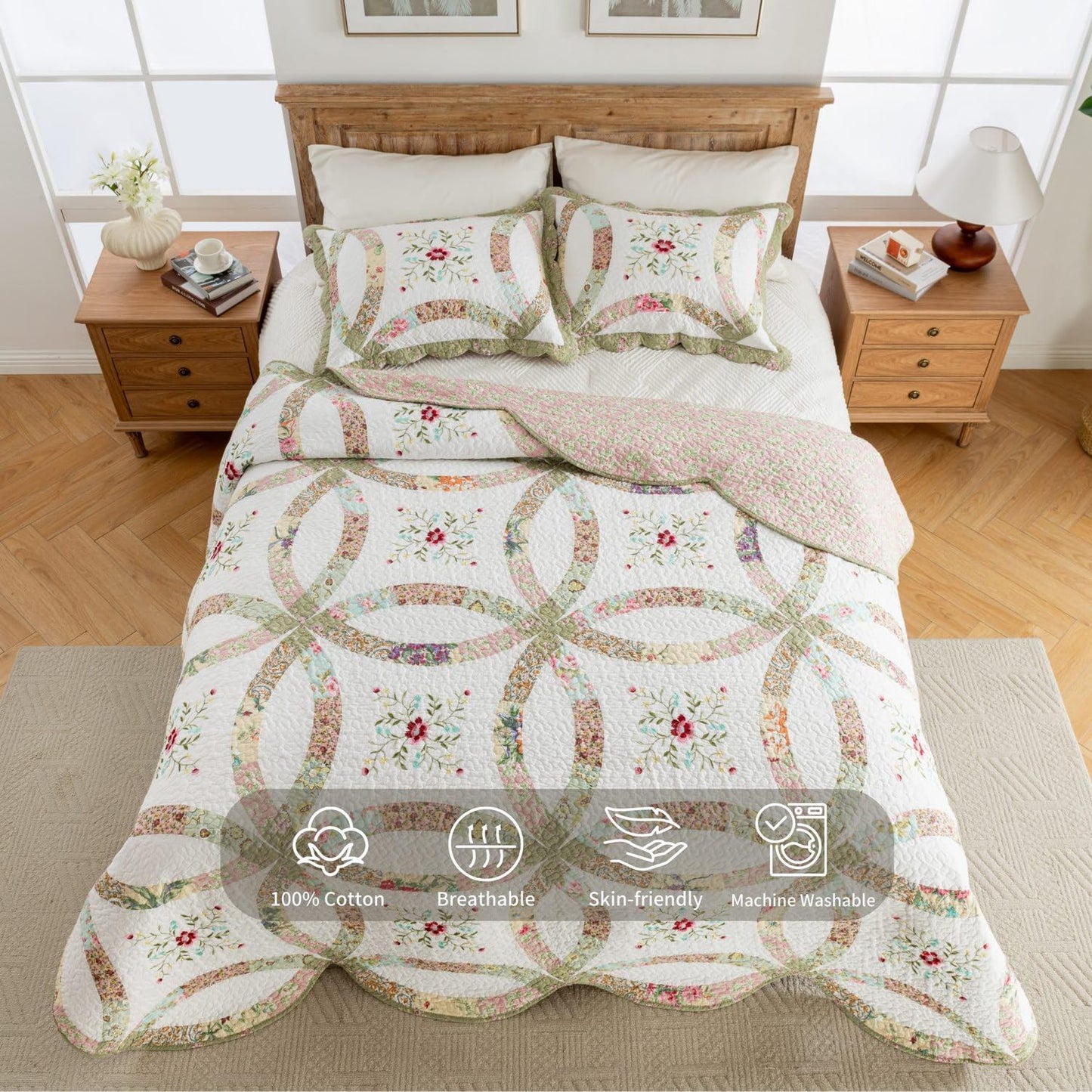 meadow park Cotton Real Patchwork Embroidery Quilt Set 3-Piece. 100% Washed Cotton. 376 Hand Cut Patches. Embroidery and Allover Quilting. Reversible Coverlet Set. (Queen)