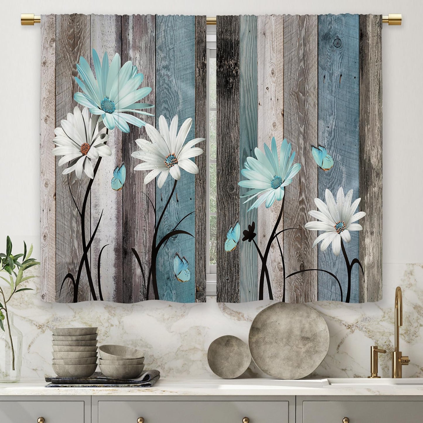 Laifzere Teal Farmhouse Daisy Kitchen Curtains Wooden Flower Small Short Cafe Window Curtains Rustic Floral Butterfly Country Bathroom Drapes Treatment Tier Curtains 2 Panels (27.5x39 Inch)