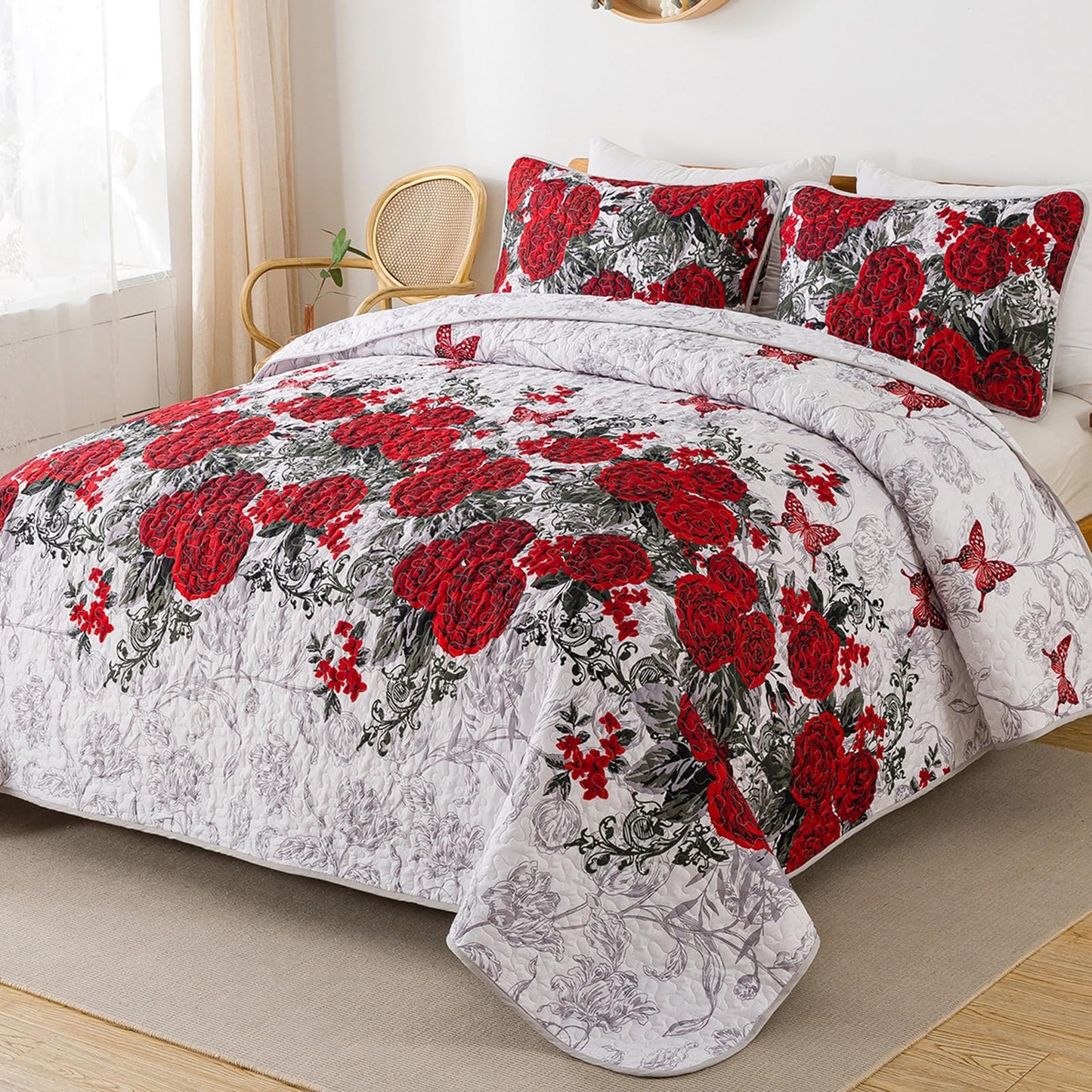 Yiran Red Floral Bedspreads Queen Size Rose Flowers Quilt Bedding Set 3 Pieces Lightweight Microfiber Botanical Coverlet with 2 Pillow Shams for All Season 96x90 Inch