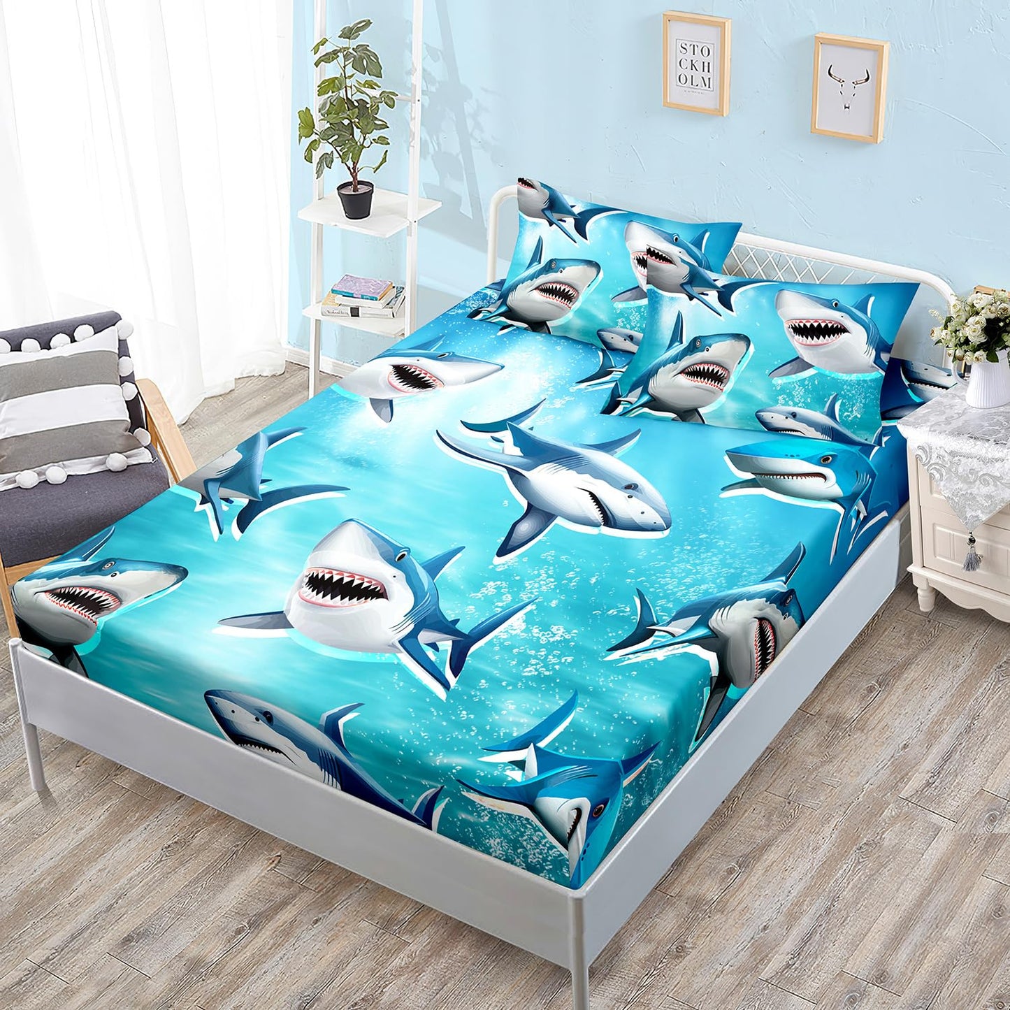 HOSIMA Teens Shark Print Fitted Sheet Set Twin Size,Shark Swimming in The Underwater World Pattern Bedding Sets,Ocean Animal Theme Fitted Sheet for Kids Boys Room Decor,1 Fitted Sheet+2 Pillowcases.