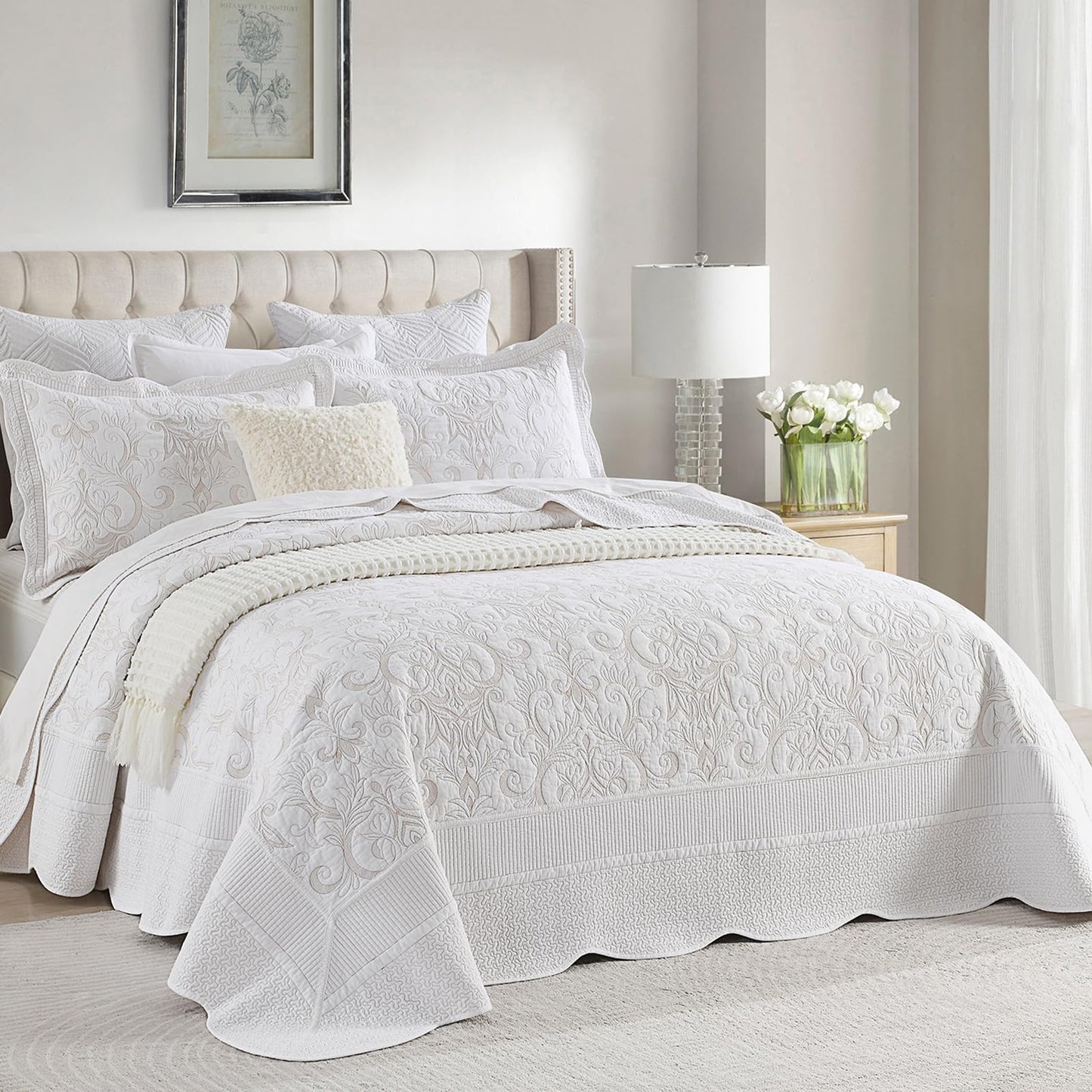 Finlonte Oversized King Bedspread 120"x120" - 100% Cotton Vine Embroidery King/Cal King Quilted Bedspread Coverlet, Lightweight Extra Large Quilt Set with 2 Pillowshams, White/Yellow
