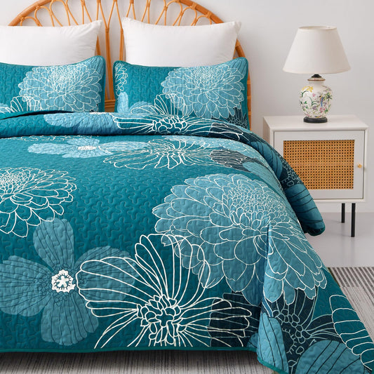 Queen Quilt Sets Teal Floral Pattern Quilt Bedding Set, 3 Pieces Botanical Quilt Bedspread Coverlet Set, Soft Microfiber Boho Flower Bed Coverlet Bedding Set for All Season(96" x 90)