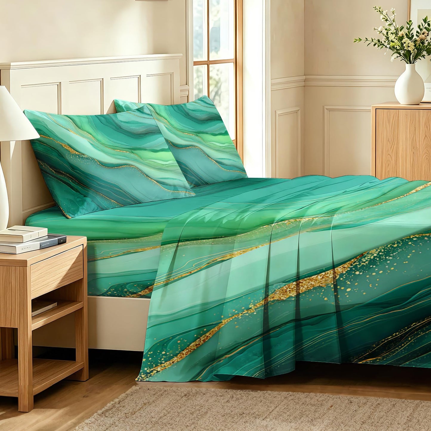 Green Full Sheet Set Marble Fluid Art Flat Fitted Sheet Sets, Green