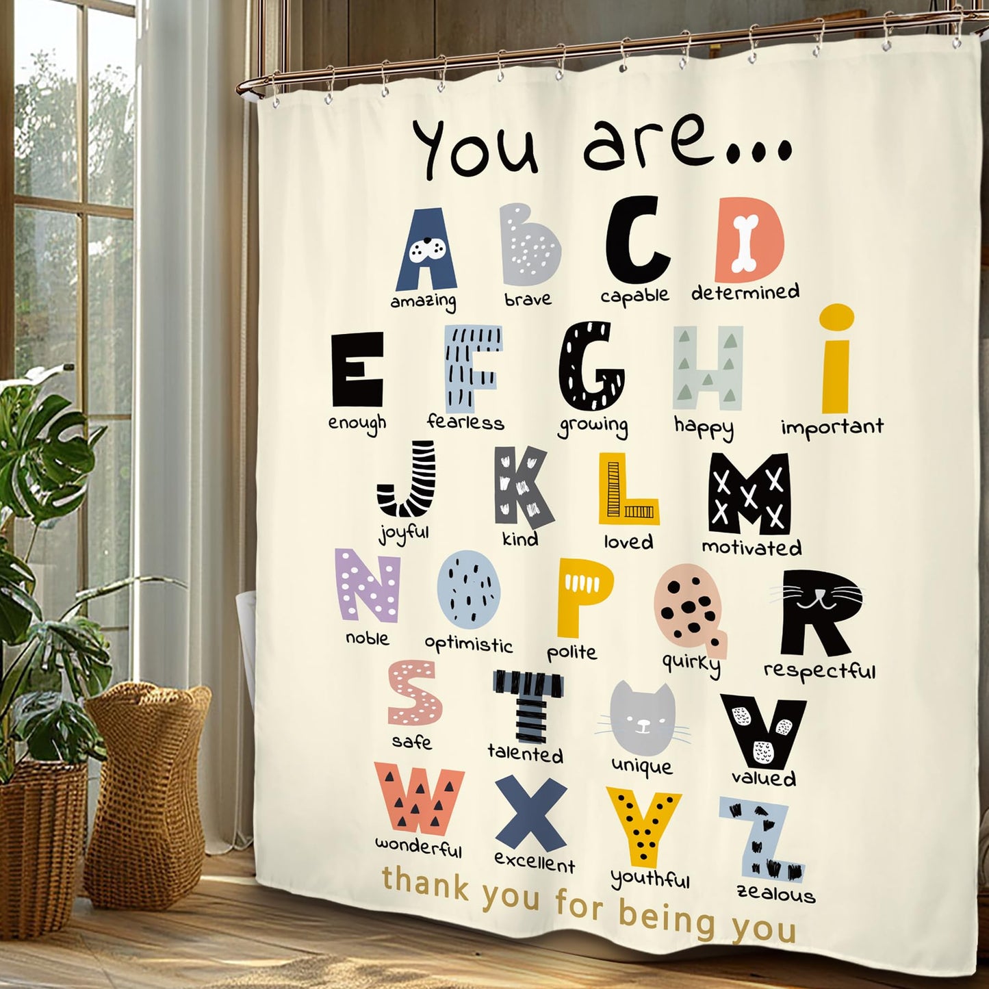 Miyotaa ABC Alphabet Quotes Shower Curtain Set 60Wx71H Inches Positive Inspirational Motivational You are Learning Educational Kids Polyester Waterproof Cloth Bathroom Curtain with 12 Hooks