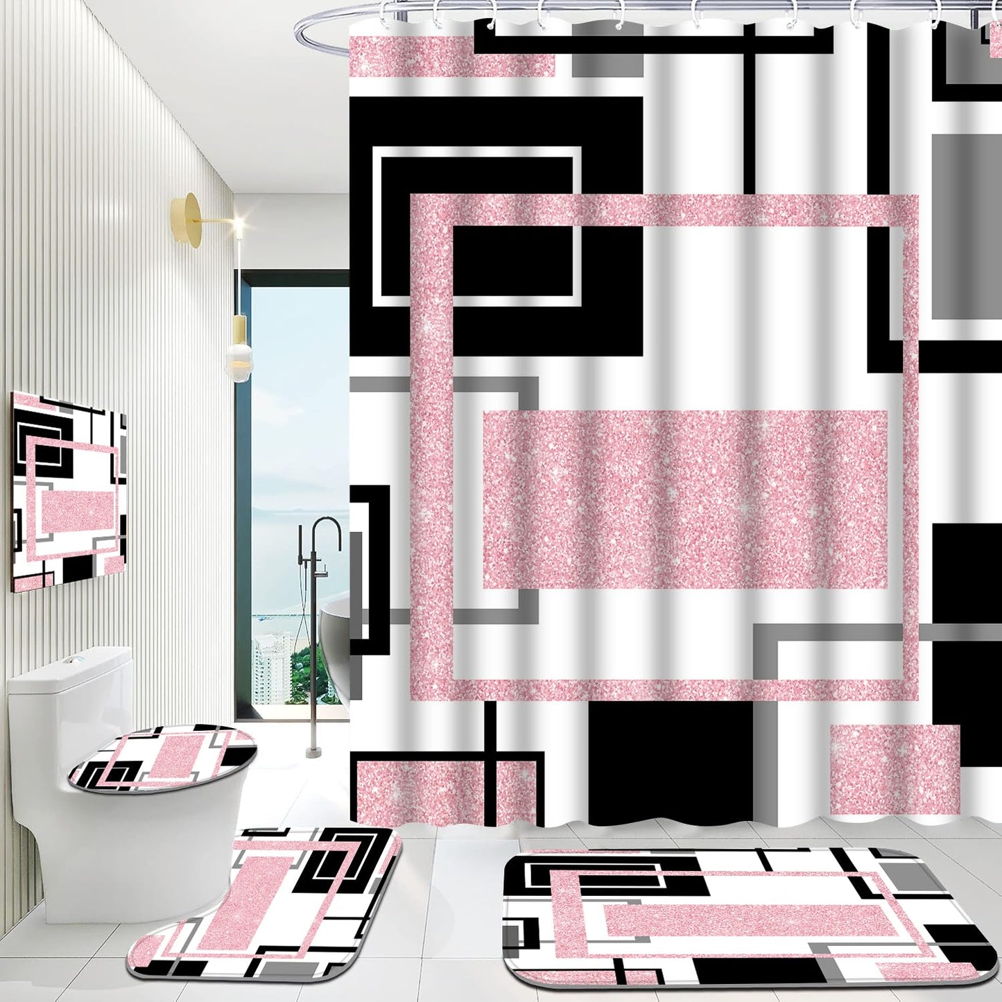 Onalasyc 4Pcs Pink Geometric Shower Curtain with Rugs Set Waterproof Pink Bathroom Sets with Shower Curtain and Rugs Abstract Geometric Modern Bathroom Curtains Shower Set with 12 pcs Hooks