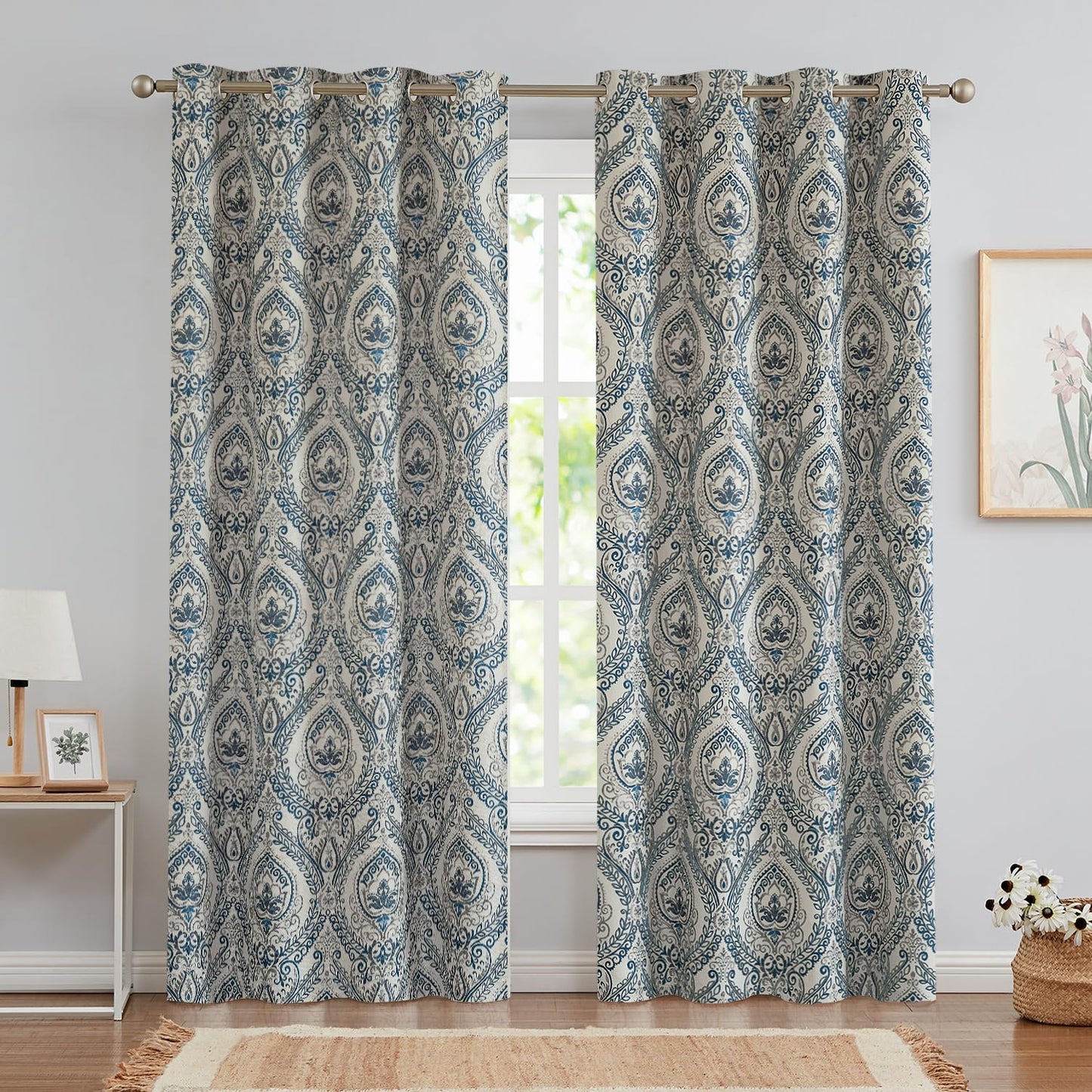 Vangao Vintage Damask Blue Curtains 84 Inch Long Blackout Curtains Linen Textured Floral Paisley Medallion Print for Bedroom Living Room Darkening Drapes Window Treatment 2 Panels Navy on Beige