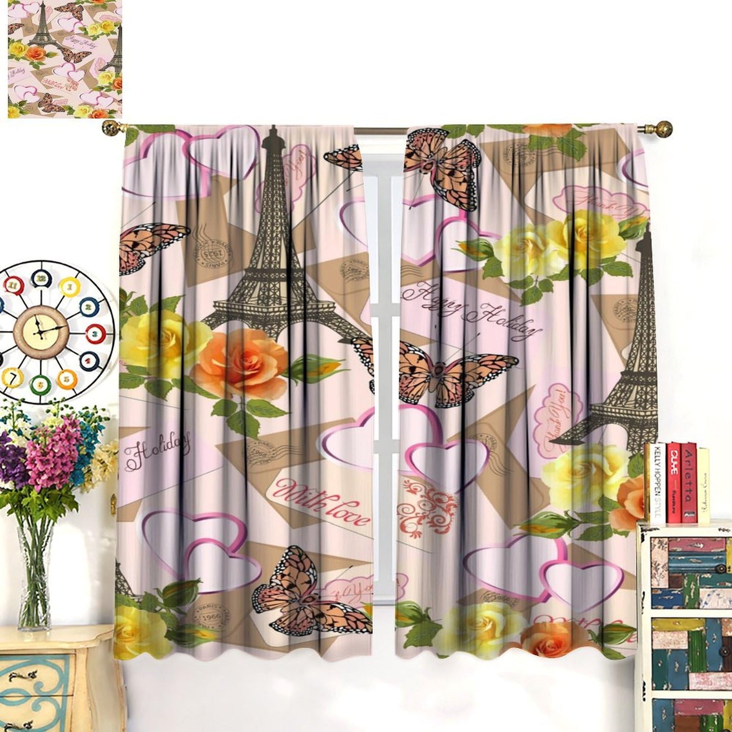 Focusbrite Paris Eiffel Tower Curtains Retro Flowers Butterfly Vintage Tower Pattern Blackout Print Rod Pocket Window Drapes for Bedroom Living Room Set 2 Panels,42x45 Inches