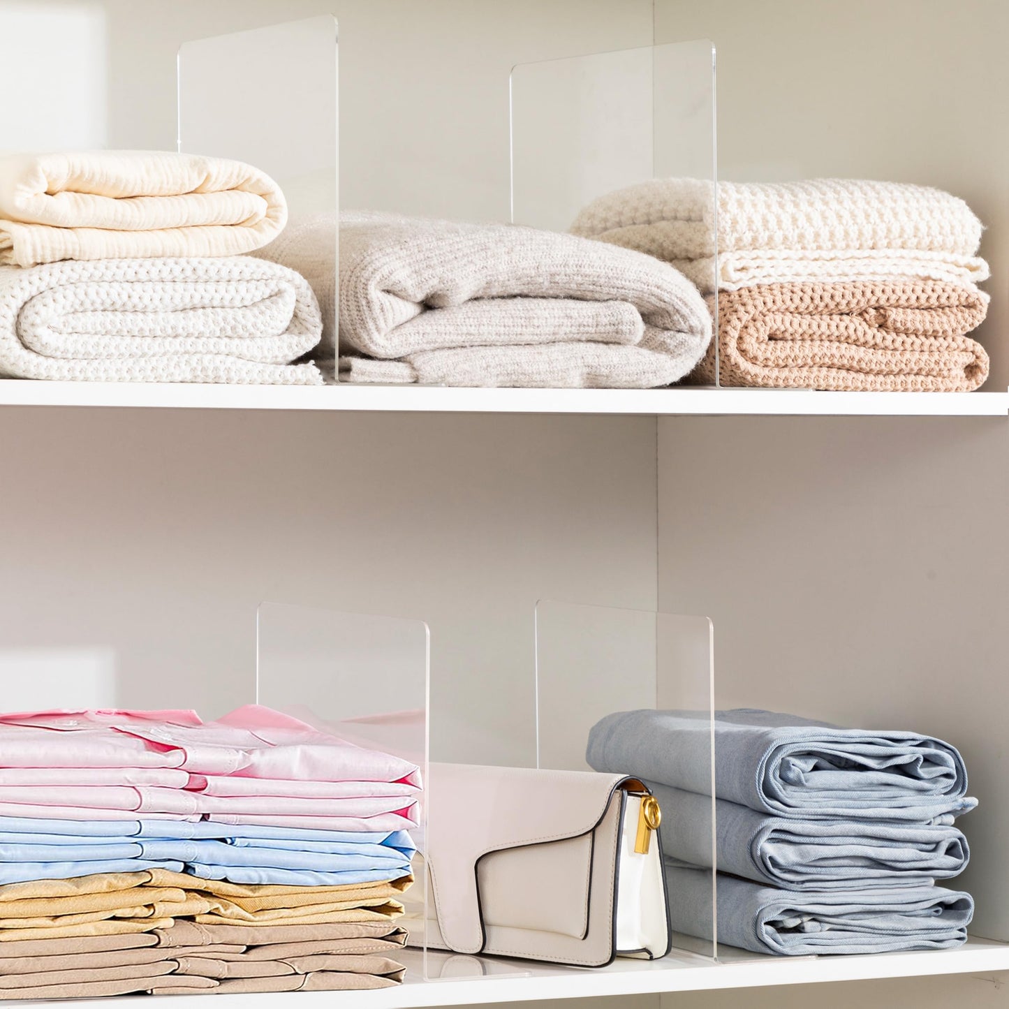 HBlife Acrylic Shelf Dividers for Closet Organization, 6 Pack Clear Sturdy Separate Closet Dividers for Shelves, Adjustable Purse Organizer for Sweater, Shirts, Handbags, Books in Bedroom and Kitchen