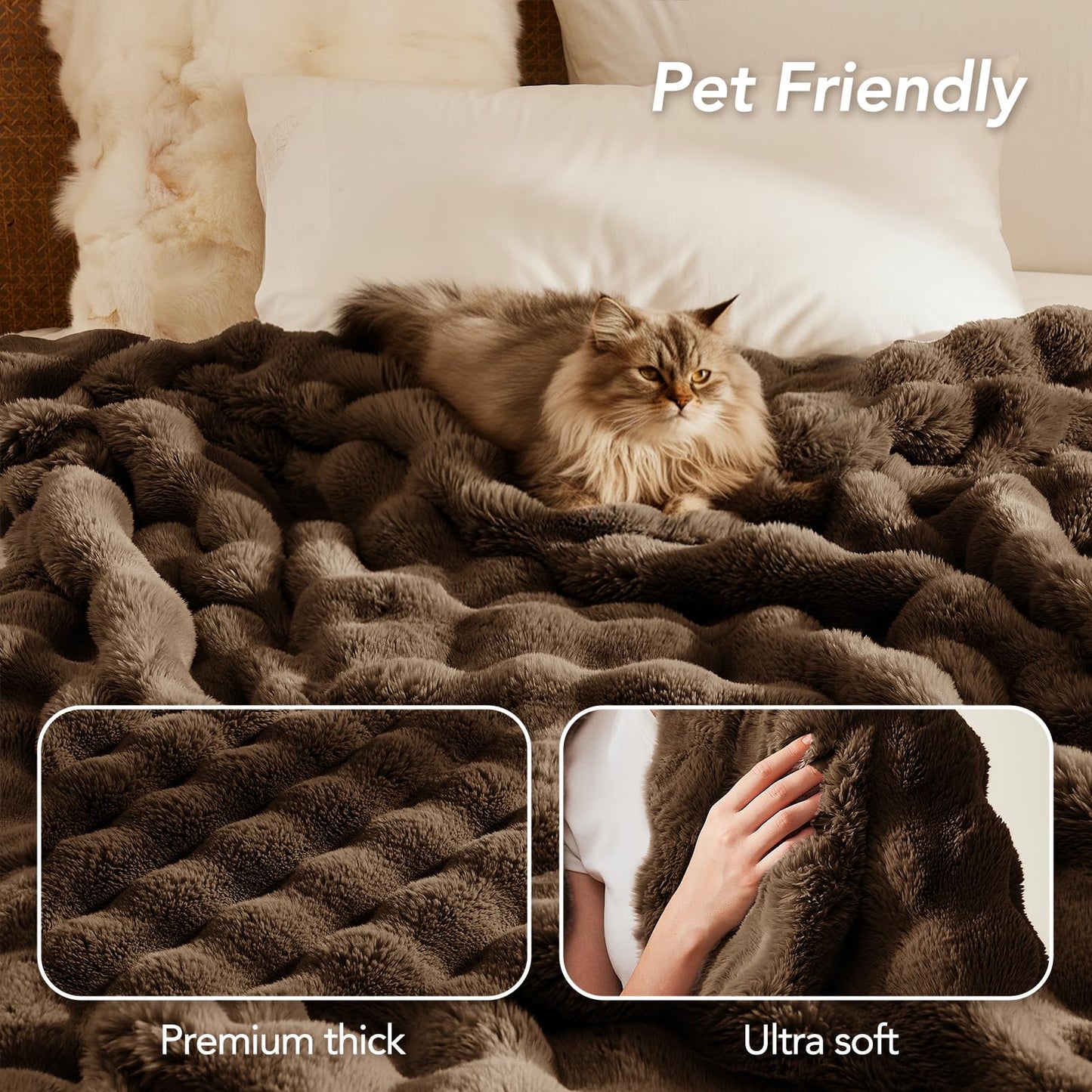 L'AGRATY Faux Rabbit Fur Blanket: 50" x 60" Luxury Soft Fluffy Thick Fur Throw Blanket for Couch Bed Sofa - Cozy Plush Bubble Blankets for Winter: Warm Flannel Fleece Decorative Blanket(Cocoa Brown)