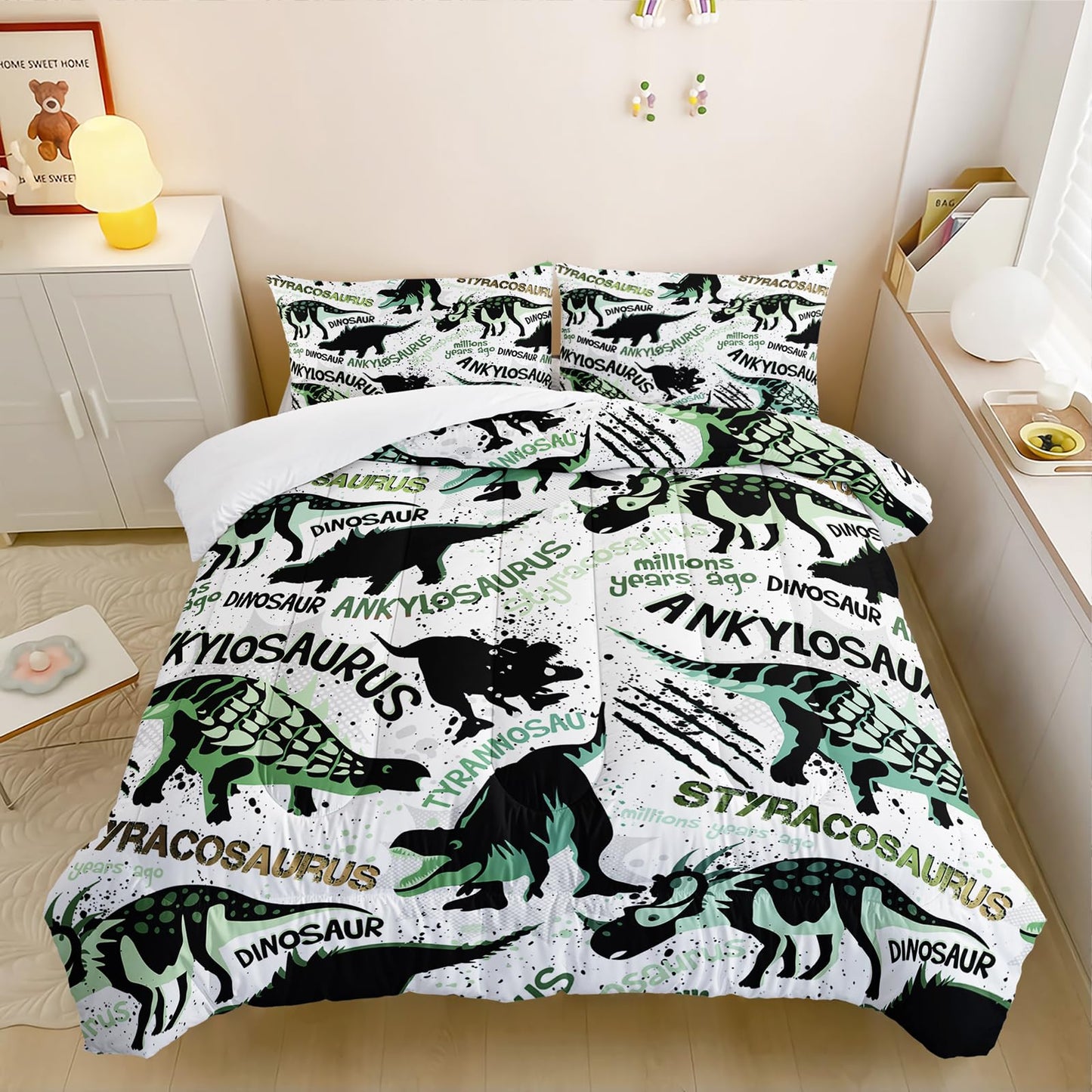 Nttopship Cartoon Dinosaur Comforter Sets 3 Pieces, Cute Animal Printed Bedding Sets for Boys Kids Adults Room Decor Comforter and 2 Pillowcases(Dinosaur Twin)