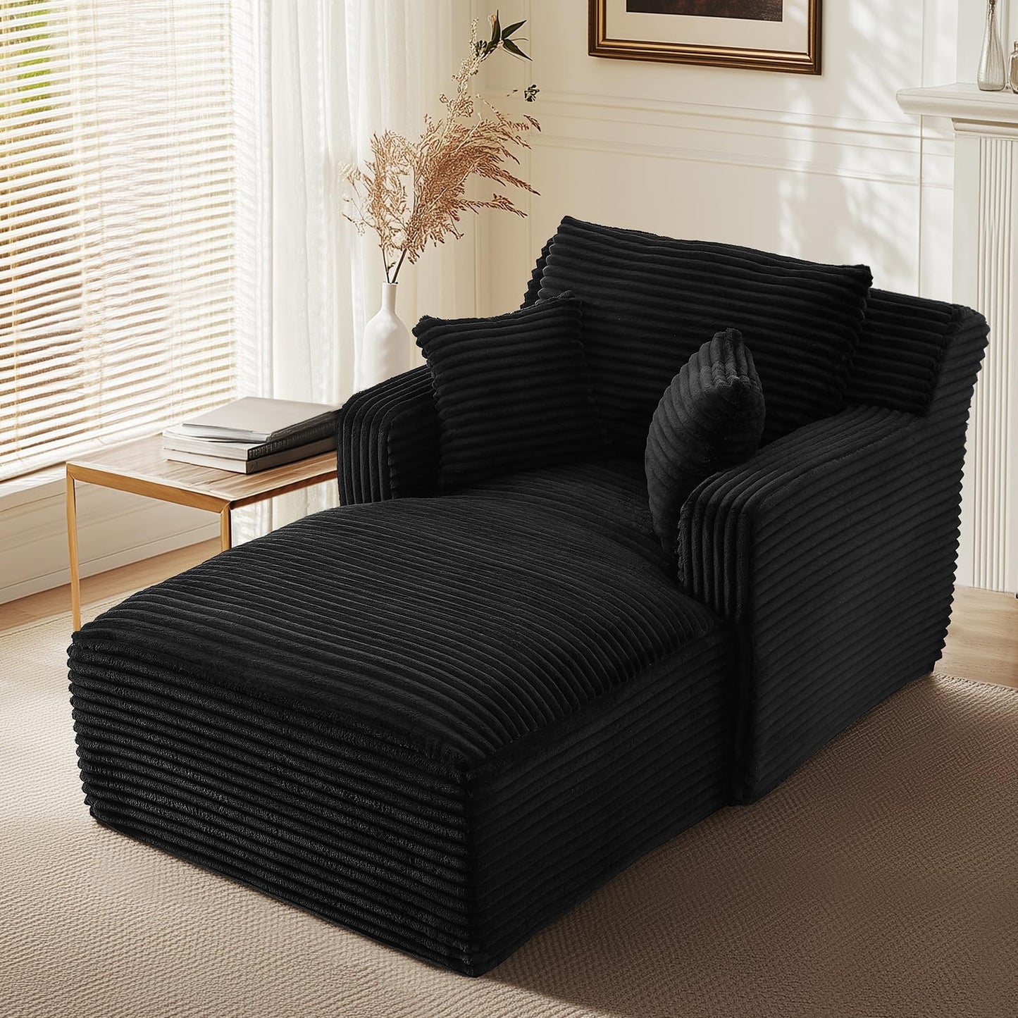 VEPXXP 65.4" Chaise Lounge Chair Indoor, Oversized Boneless Couch Comfy Upholstered Sleeper Sofa Bed with 3 Pillows, Corduroy Cloud Reading Chair for Living Room No Assembly Required, Black