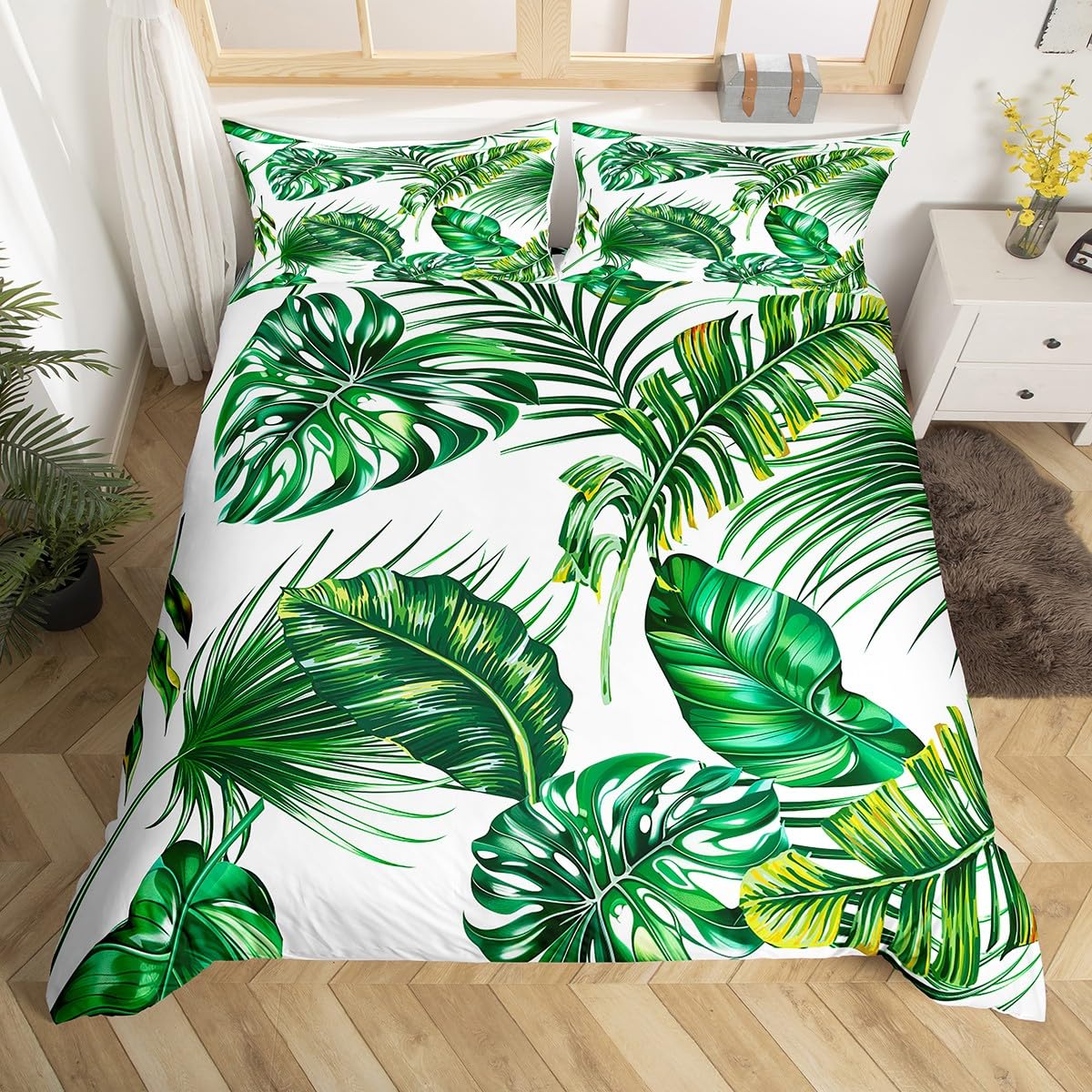 Erosebridal Palm Leaves Comforter Cover Monstera Banana Leaves Duvet Cover Hawaiian Tropical Leaf Bedding Set Green Branches Quilt Cover for Men Women, White 3 Pcs Queen Size