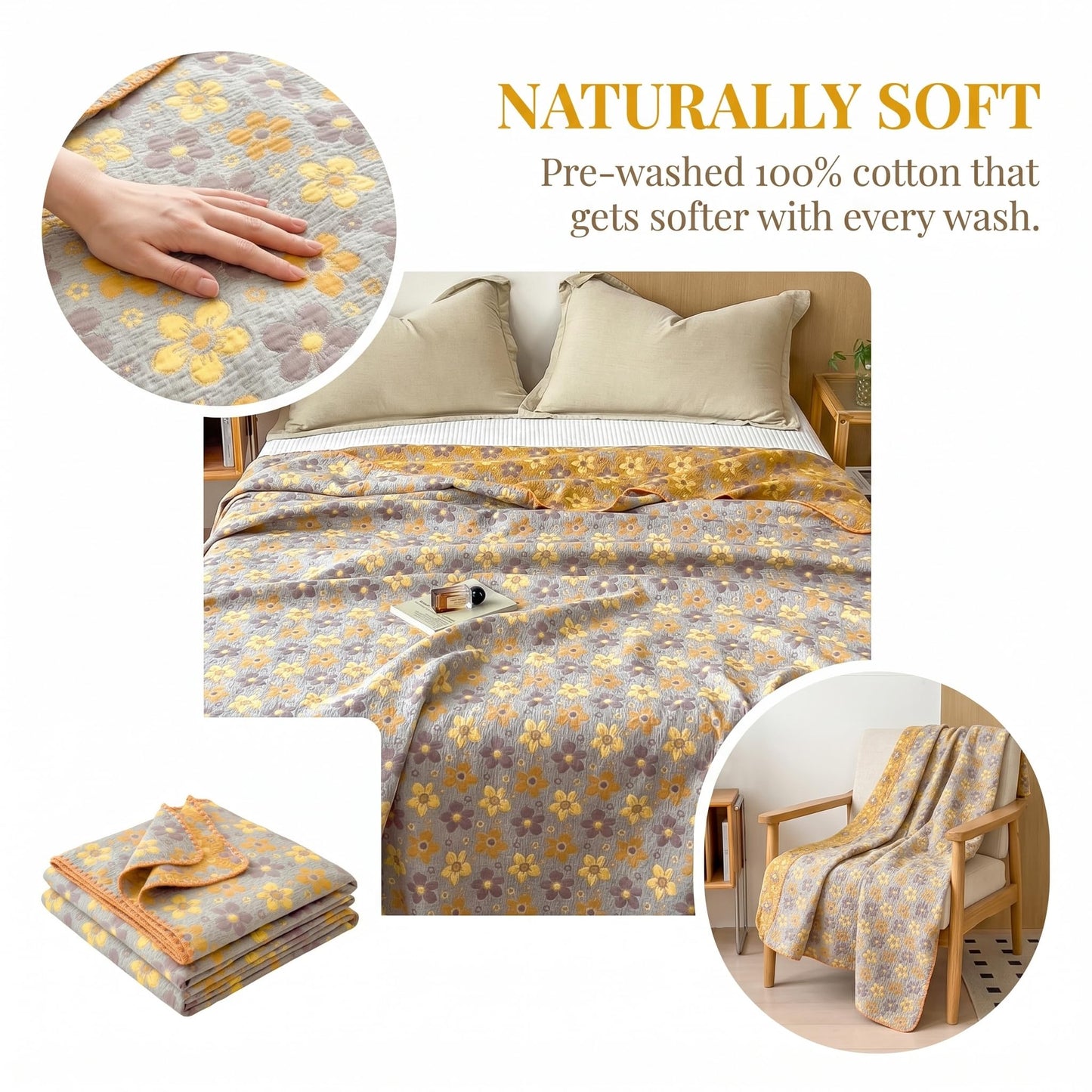 King 100% Cotton Muslin Quilted Blankets for All Season 4-Layer Gauze