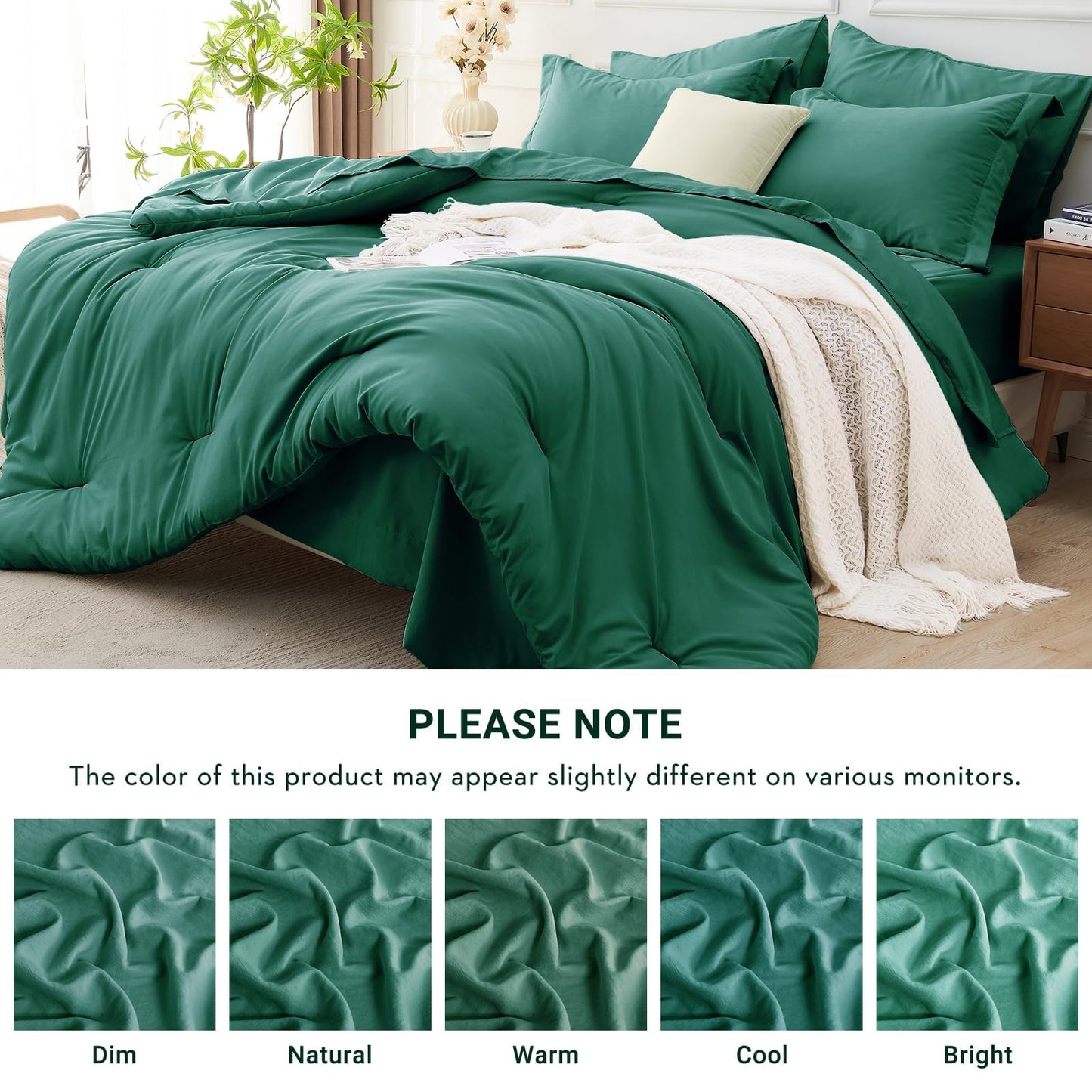 MUXHOMO 7 Pieces King Comforter Set, Soft Bed in a Bag King Size, All Season Bedding Set with Comforter, Flat Sheet, Fitted Sheet, Pillowcases & Shams, Emerald Green