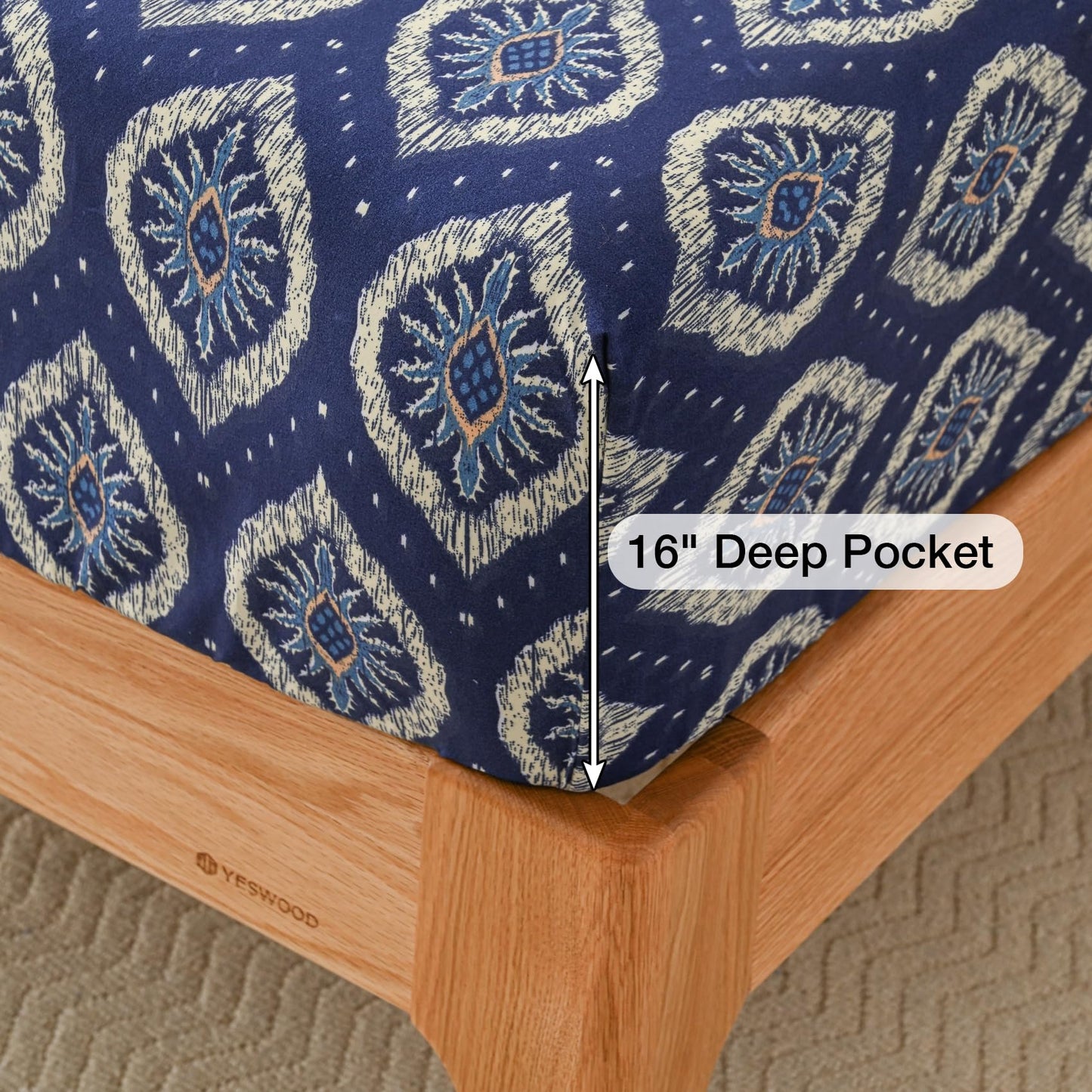 Yibeizi Navy Blue Patterned King Sheet Set Boho Printed Bed Sheets Microfiber Bedding Sheets & Pillowcases Soft 15" Extra Deep Pocket Fitted Bedsheet 4 Piece