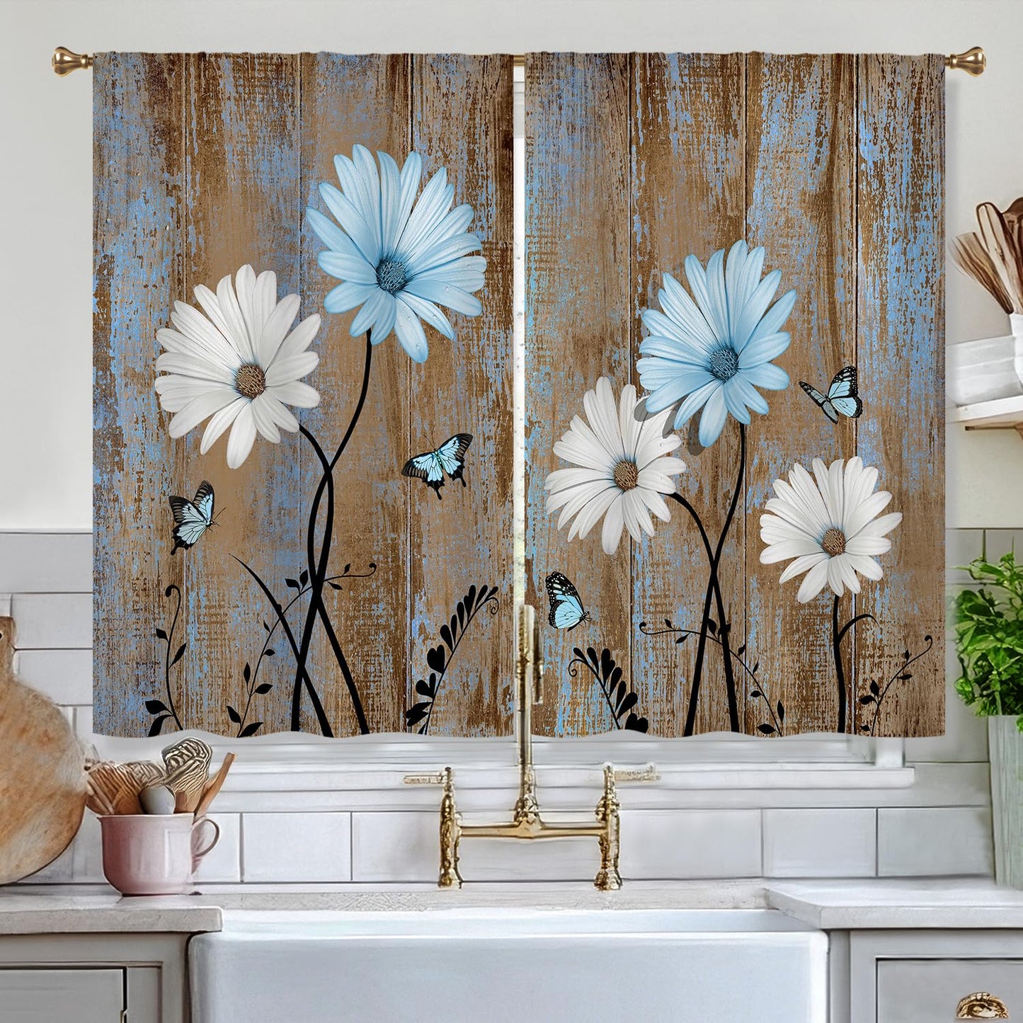 Cizuug Blue Farmhouse Daisy Curtains KitchenWooden Barn Plank Small Short Cafe Window Curtains Butterfly Rustic Country Spring Farm Bathroom Drapes Treatment Tier Curtains 2 Panels