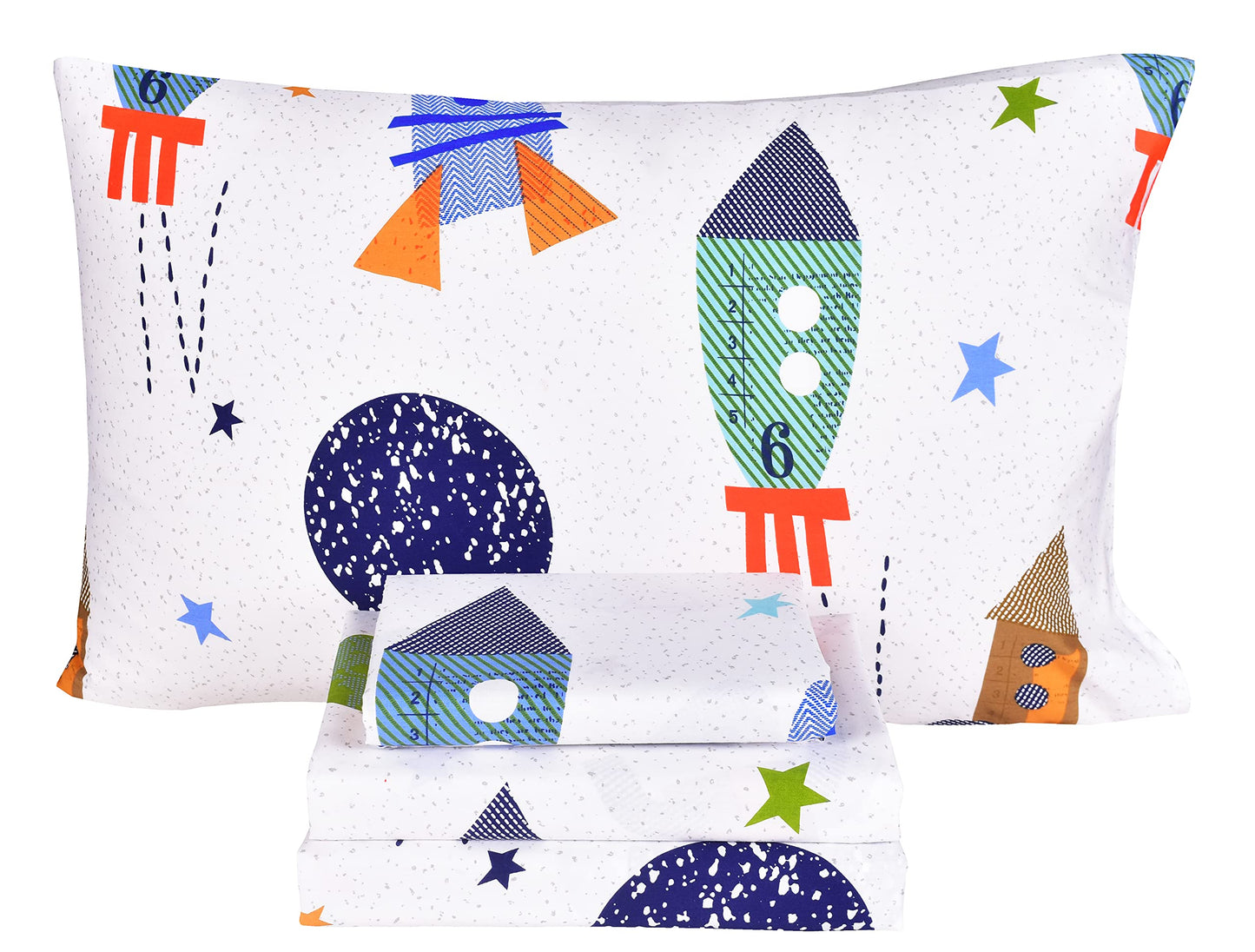 Scientific Sleep Outer Space Airship Rocket Star Explore Teen Boys Girls Cotton Cotton Full Bed Sheet Set, Flat Sheet & Fitted Sheet & Pillowcase Bedding Set (Space, Full)