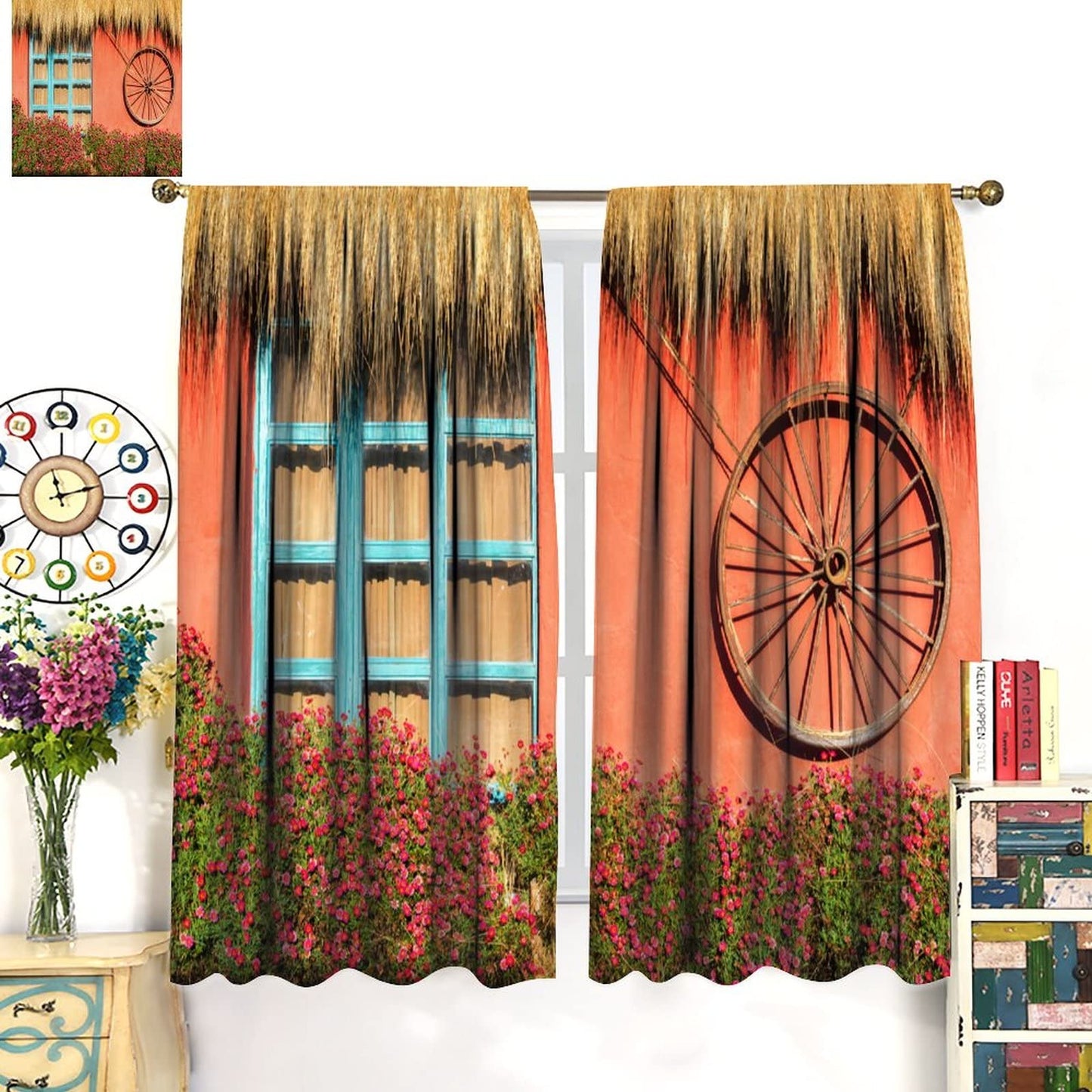 Wooden Door Curtains,Flowers and Wagon Wheel Theme Room Darkening Door Window Rod Pocket Curtain for Living Room Bedroom Kitchen Bathroom W42xL45in