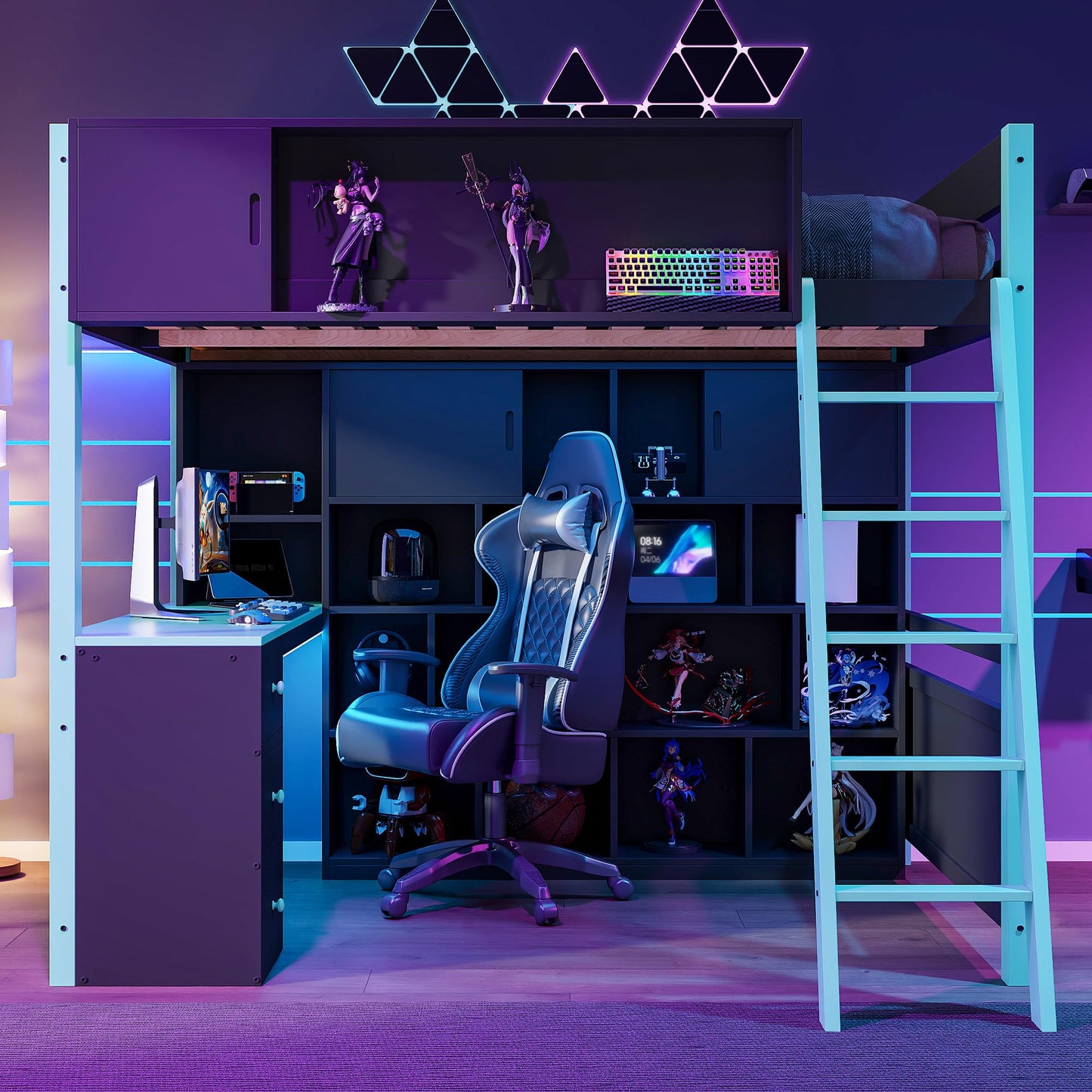 HRJHLucky Full Size Wood Gaming Loft Bed Frame with Desk, Ample Storage Space and Light for Bedroom (Blue)