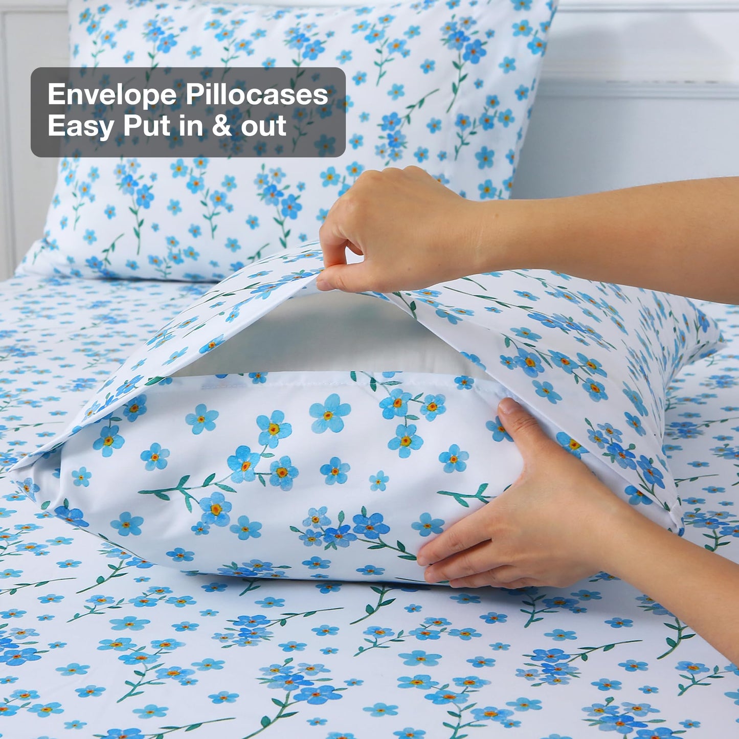 Viviland Floral Queen Sheet Set - 4 Piece Country Fresh Blue Flower Patterned Bed Sheets - Soft, Breathable Microfiber Sheets with Deep Pocket, Non-Slip Fitted Sheets & Pillowcases