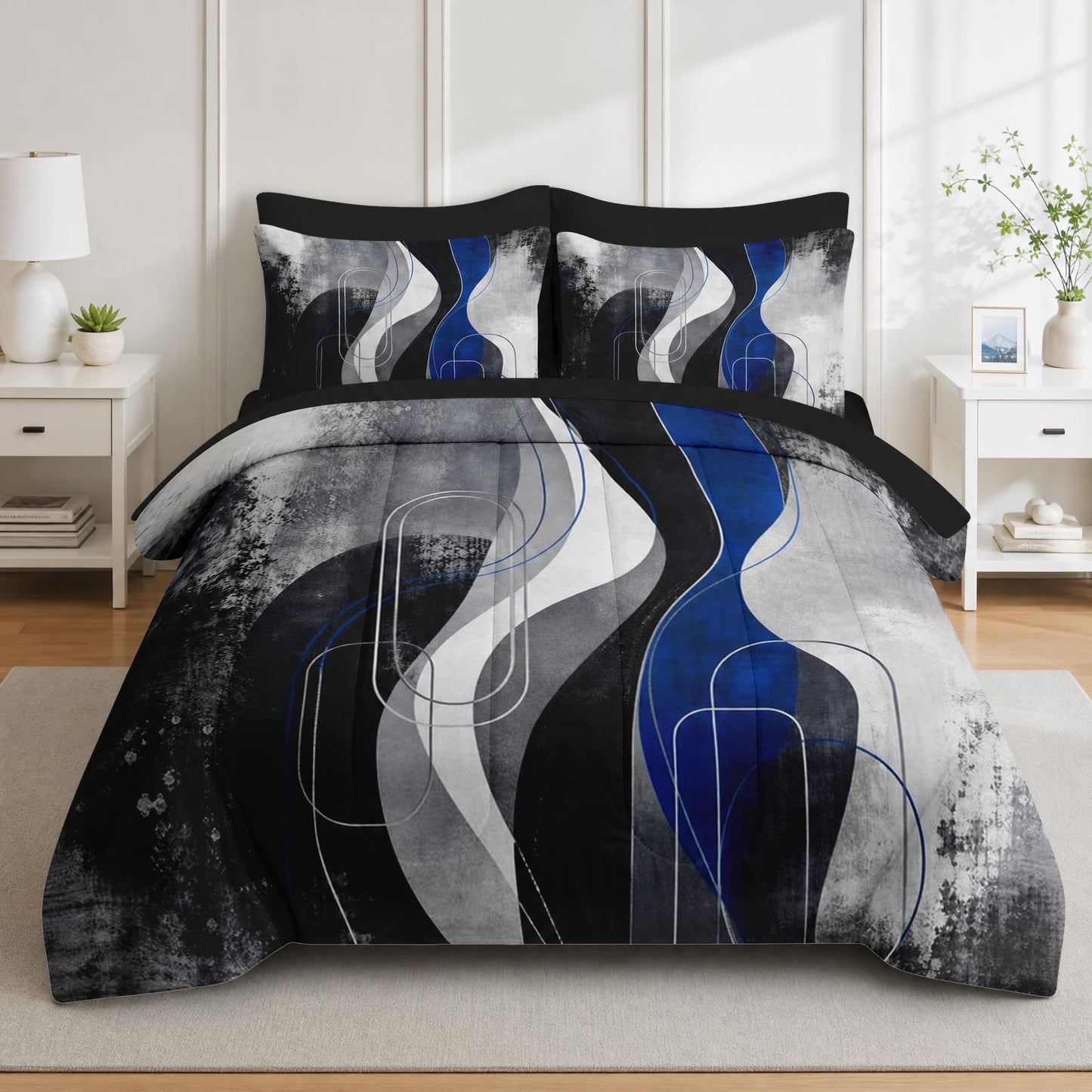 Boewywh Comforter Set Twin Size Abstract Modern Blue 7 Pcs, Bedding for Kids and Adults, Bed Sheet Sets with Fitted Sheet 2 Pillowcases & 2 Shams for Bedroom Bed Decor