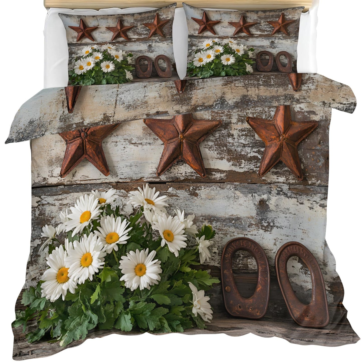 GKPLY Rustic Daisies Bedding Duvet Cover, Farmhouse Star Comforter Set with Zipper, Vintage Floral Duvet Cover Queen, 3 Pieces Countryside Bedding, 2 Pillowcases