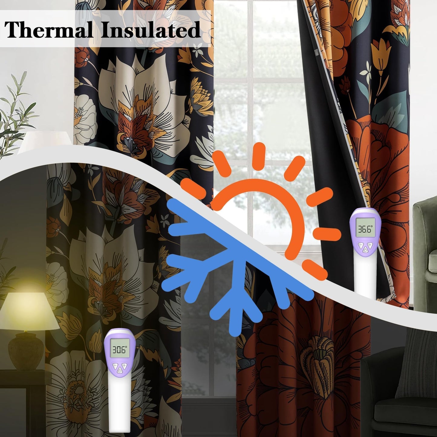 Tyrot Black Boho Floral 100% Blackout Curtains for Bedroom 84 inch Long 2 Panels Mid Century Botanical Black Out Curtains for Living Room Grommet Thermal Insulated Room Darkening Window Drapes,52Wx84L