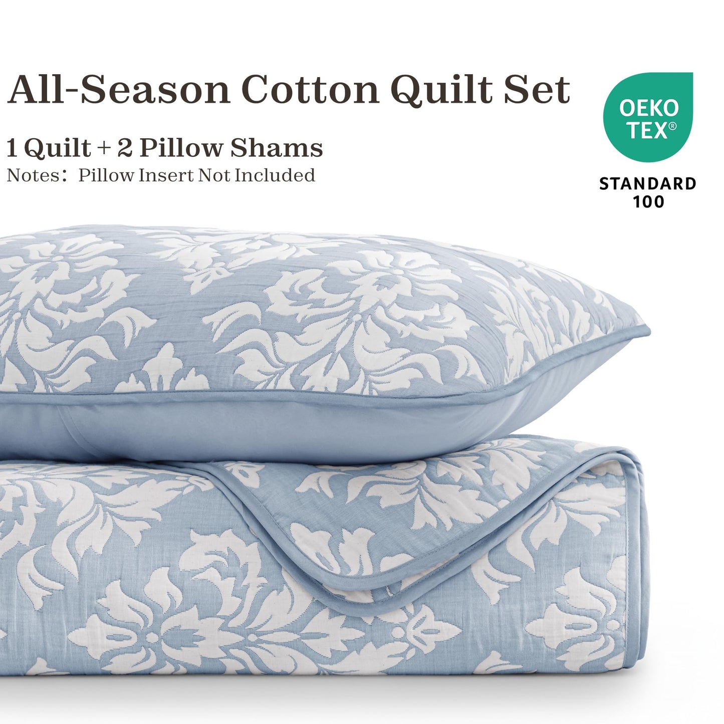 Exclusivo Mezcla Cotton Quilts King Size Blue, Soft Lightweight Bedspread Breathable Prewashed Bed Coverlet with 2 Pillow Shams, Boho Pattern Yarn Dyed Muslin Quilt Bedding Set for All Seasons