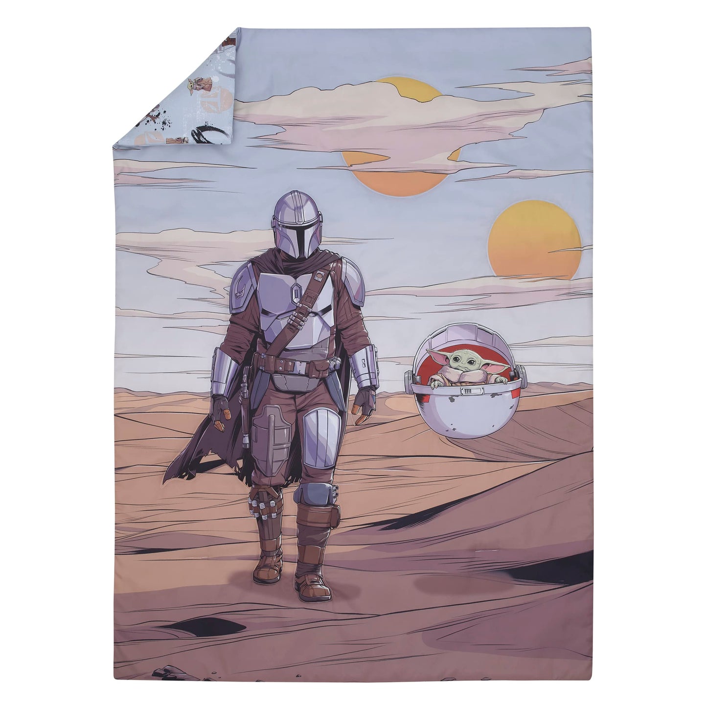 Disney Star Wars The Mandalorian Grey, Tan and Blue 4 Piece Toddler Bed Set - Comforter, Fitted Bottom Sheet, Flat Top Sheet, and Reversible Pillowcase