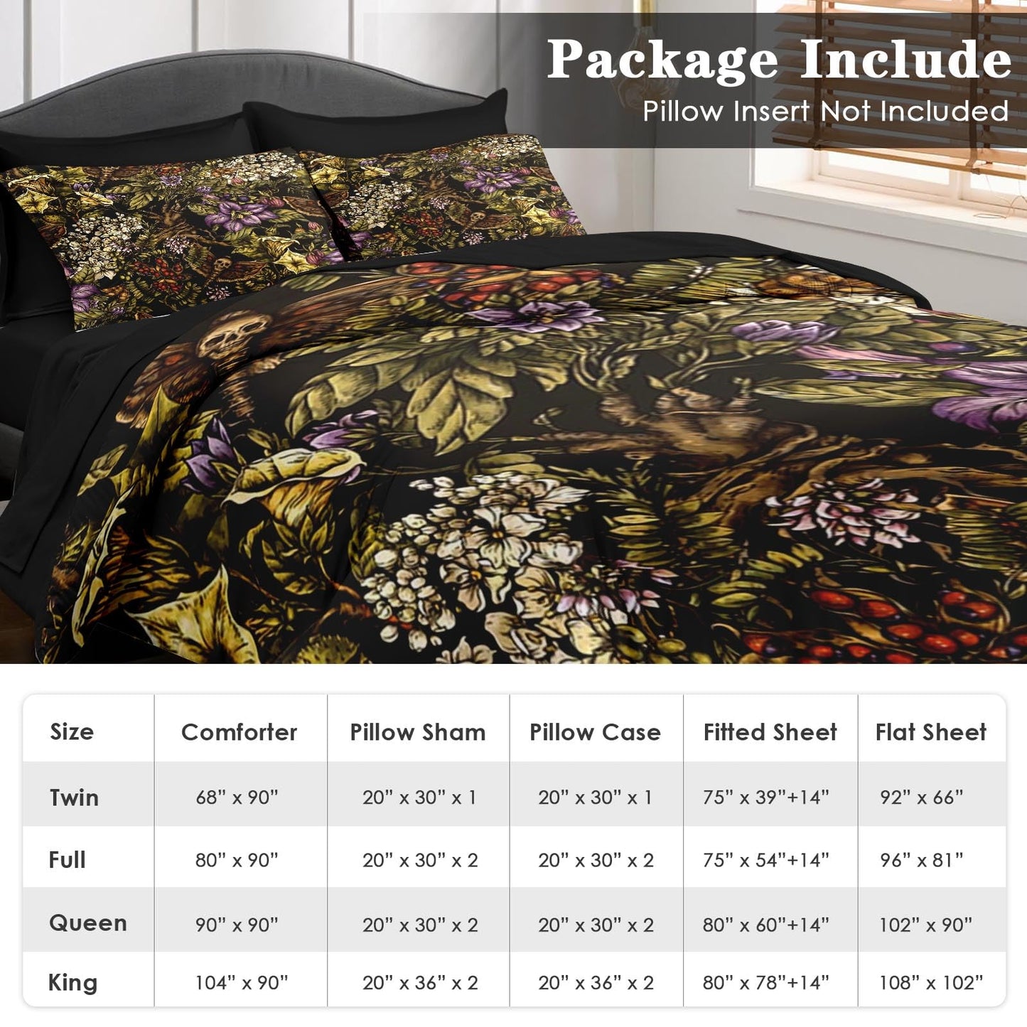 Pamnest Comforter Set Full Size, Gothic Flower Tree Plants 7 Pcs Bedding for Kids and Adults, Death Moth Green Bed Sheet Sets with Fitted Sheet 2 Pillowcases & 2 Shams for Bedroom Bed Decor