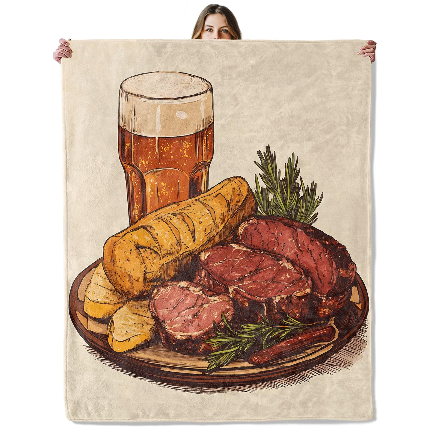 SIUKUS Delicious Beef Steak Bread Flannel Throw Blanket for Bedroom Kitchen Bar,Rustic Meat and Beer Decorative Blankets,Soft Lightweight Throws,Thoughtful Gifts for Adults Food Lovers,50x60 Inch