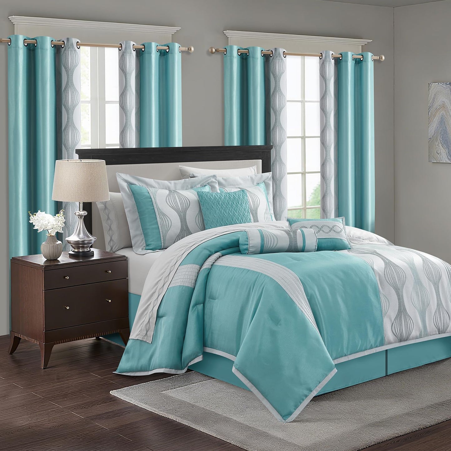 LANCO MODERN LIFESTYLE Queen Comforter Set, Blue, 15 Pieces Room in a Bag, Ultra Soft Jacquard with Patchwork, Luxury Bed Set with Sheets, Curtains, Bed Skirt, Pillow Shams, Cases and Pillows