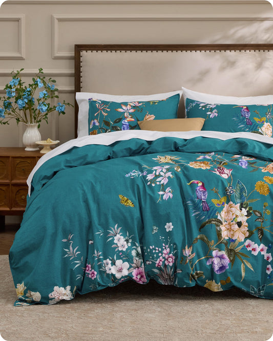 Bedsure Floral Duvet Cover Queen Size - 100% Cotton Reversible Vintage Teal Bird Duvet Cover Set, 3 Pieces Soft & Breathable PureWoven Bedding Set with 2 Pillow Shams (Chinoiserie Teal 90"x90")