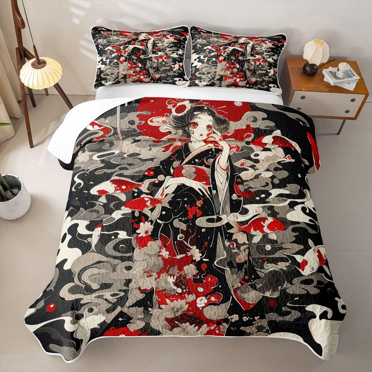 Erosebridal Japan Geisha Quilt Twin Size - Japanese Koi Fish Bedspread Traditional Asian Girls Bed Coverlet with 1 Pillowcase