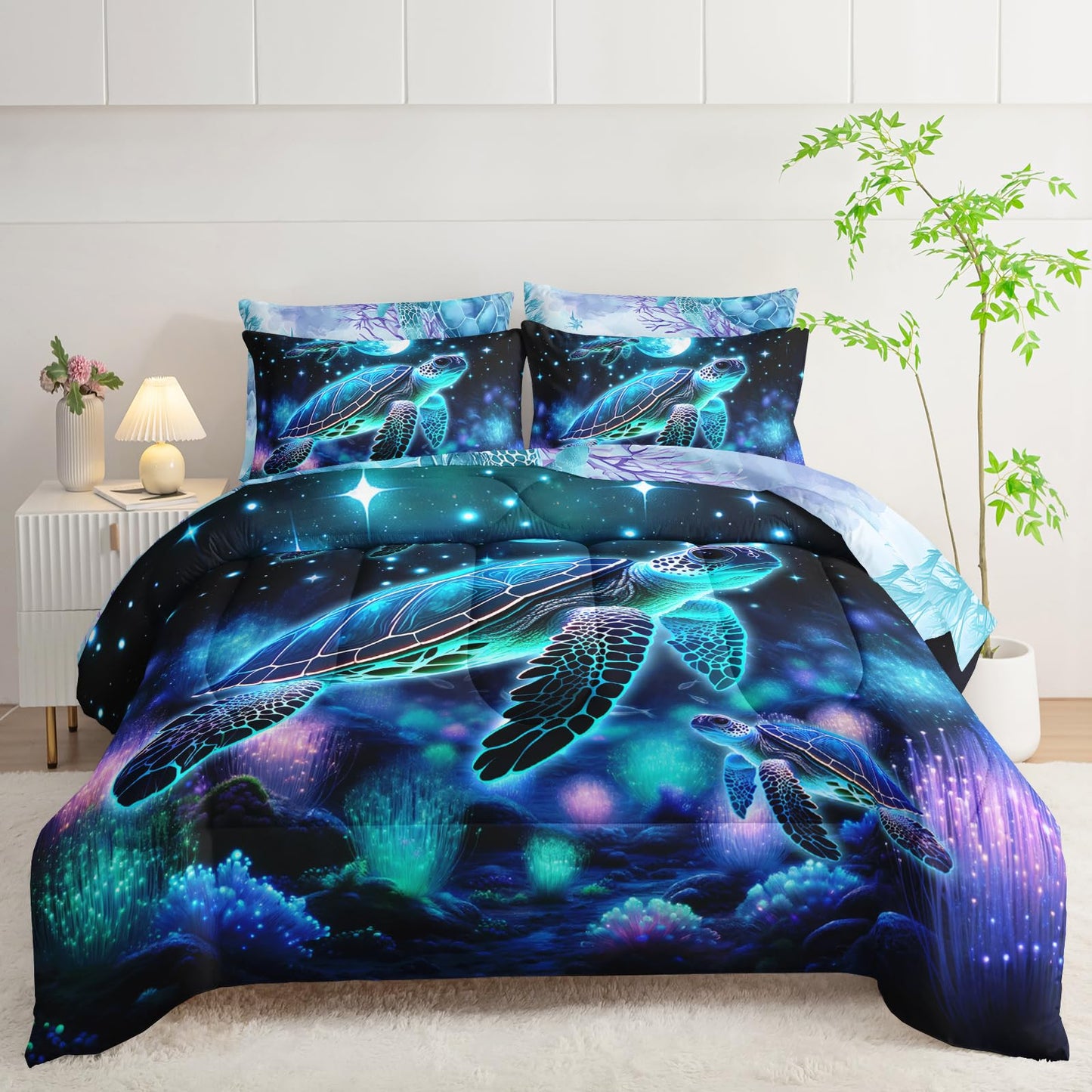 AILONEN Sea Turtle Comforter Set Twin Size,7-Piece Ocean Theme Bedding Coral Bed in a Bag,Evening Starry Moon Turtle Comforter & Fitted Sheet & Flat Sheet & 2 Pillowcases,2 Pillow Shams