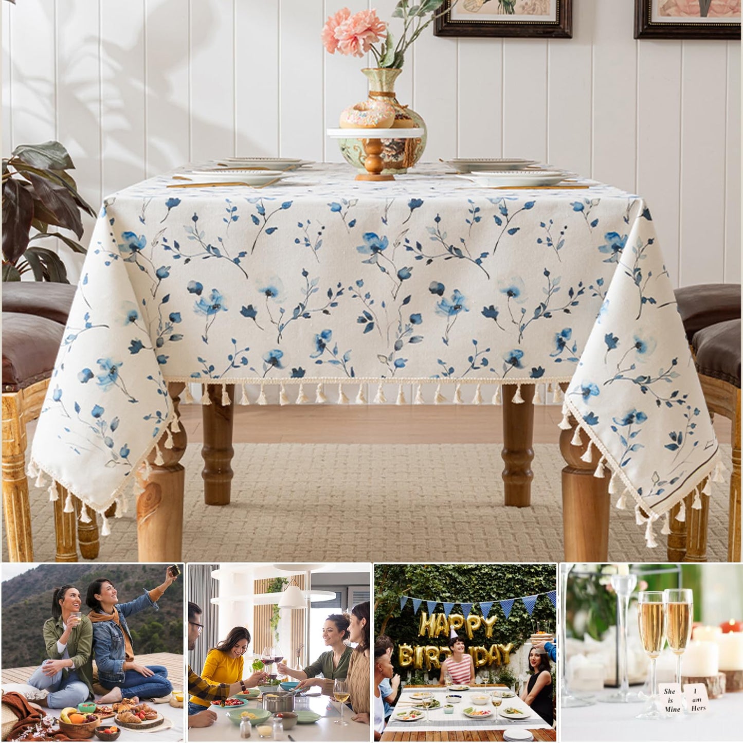 HOMLOVE Tablecloth Pastoral Style, Waterproof & Stain Resistant Table Cloth Wrinkle Free Table Cover for Dining/Kitchen/Patio, Washable Indoor & Outdoor Use (Blue Flower, 55"X102")