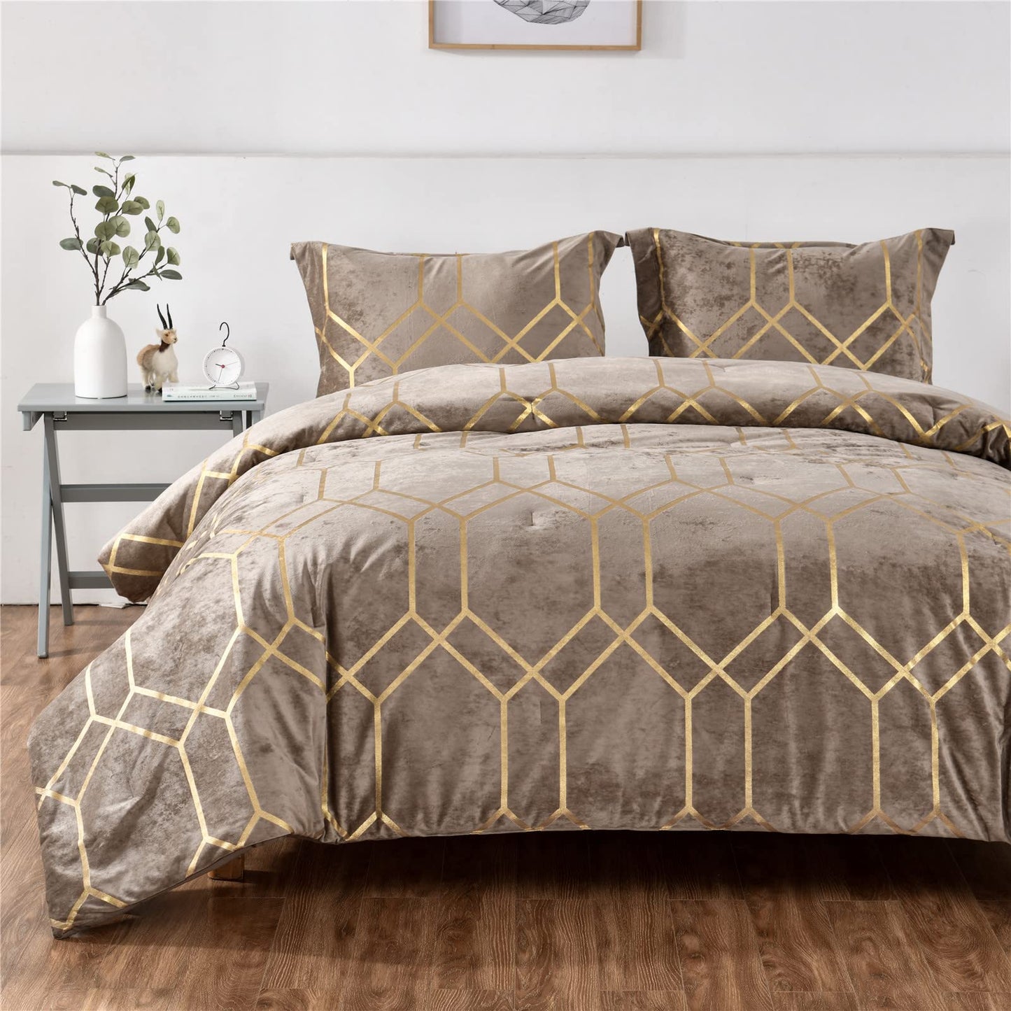 Sunshine Nicole Metallic Print Comforter Set, Distressed Velvet Face with Metallic Print and Brushed Solid Microfiber Reverse, with Light Weight Soft Poly Fill, 3 Pieces Khaki Gold, Queen