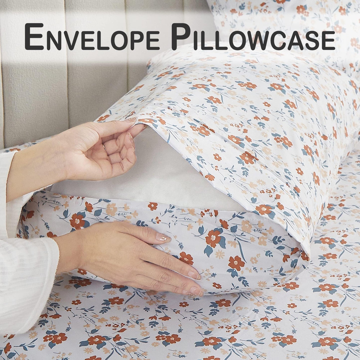 Softan Floral Full Sheet Set, Orange Flower Printed Bed Sheets - 4 Piece Soft Microfiber Patterned Fitted Sheets with 15" Deep Pocket & Non-Slip Straps, Cute Flower Sheets & Pillowcase Set