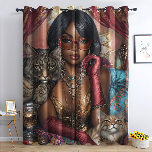 Phtbz African American Woman Blackout Curtains 45 Inch Length 2 Panels Set, Fashion Diva and Cat Patterned Curtains for Bedroom, Living Room Decor, Room Darkening Thermal Insulated Grommet Drapes