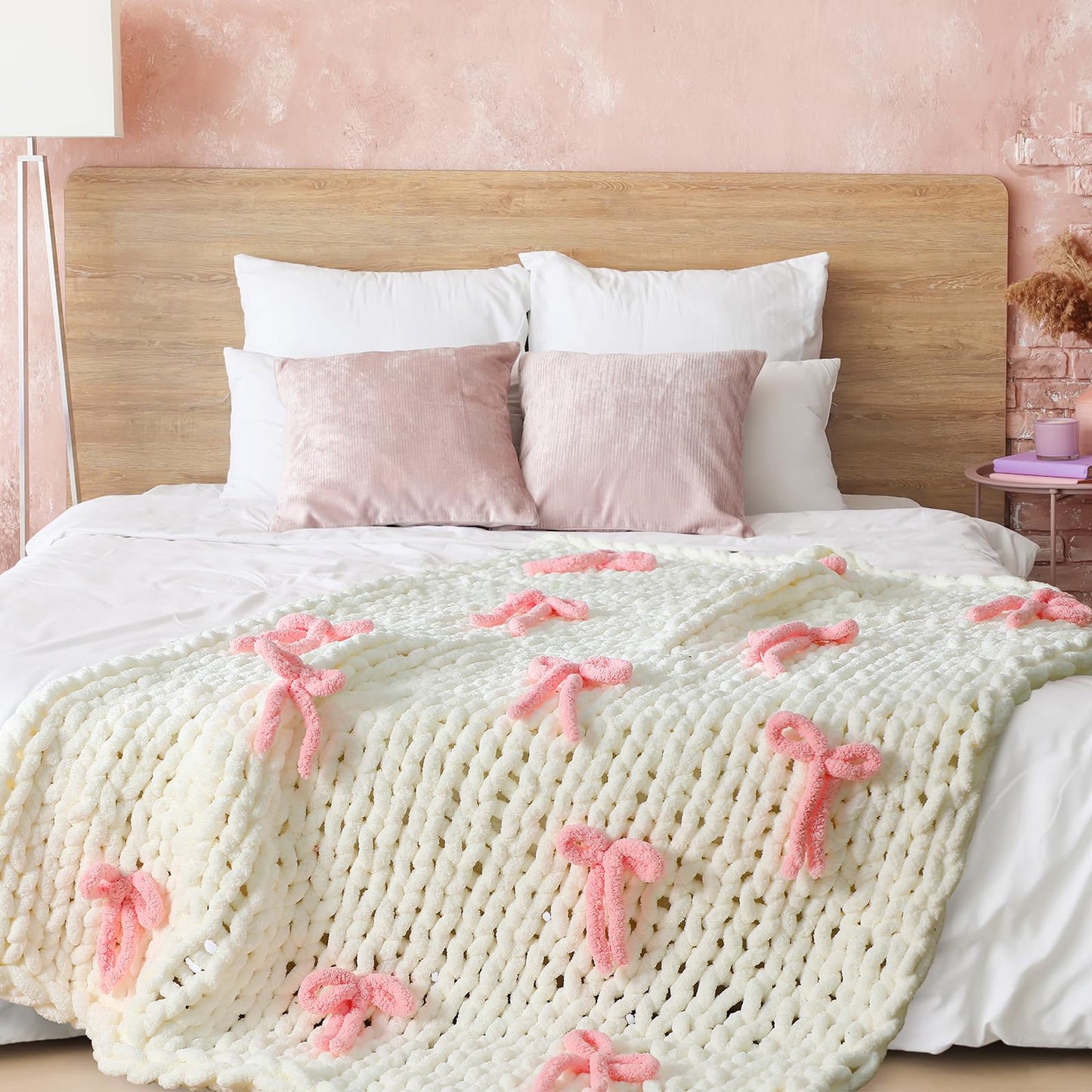 Mindsoft Pink Bow Chunky Knit Blanket Throw Large 50" X 60" 100% Handmade Cream Chenille Loop Yarn Fluffy Soft Knitted Throw Big Cozy Thick Cable Knit Crochet Blanket for Couch Sofa Bed