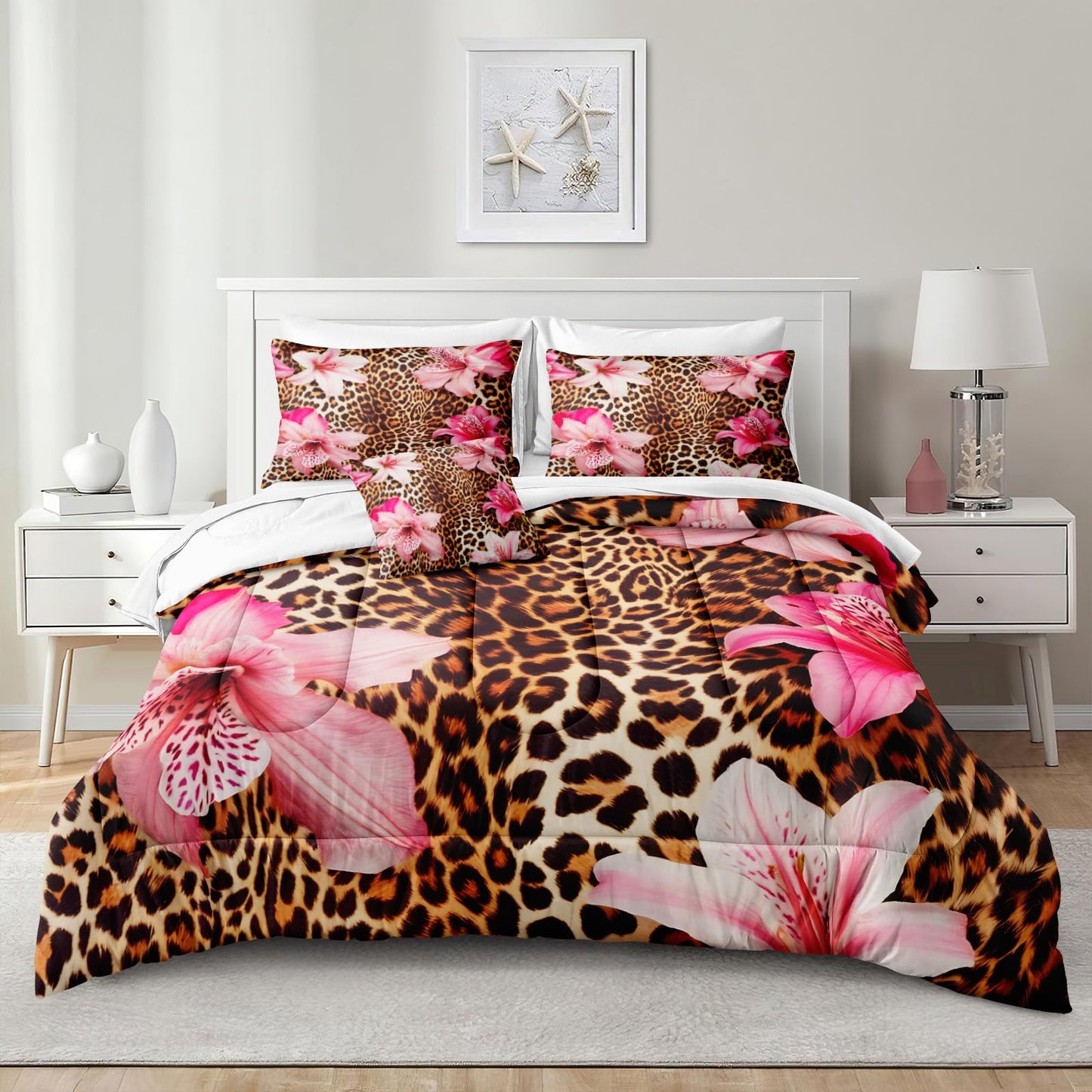 MOVE OVER Leopard Printed Comforter Set King Size 8 Pieces Bed in a Bag Pink Flower and Cheetah Printed Design Luxury Comforter Set with Sheet Set for Bedroom Decor