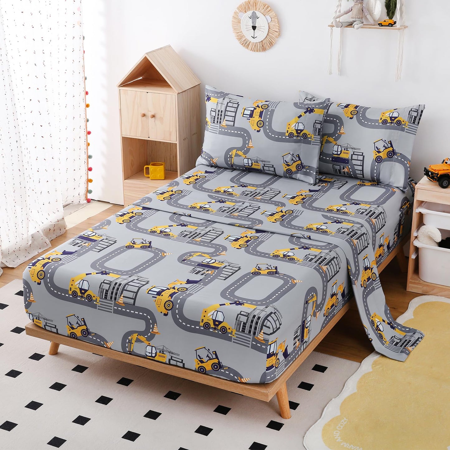 Yibeizi Full Size Sheets Set Kids, Grey Truck Pattern Microfiber Double Bed Sheets, Cute Soft Oeko-Tex Extra Deep Pocket Sheets & Pillowcases Cooling Hypoallergenic Wrinkle Free Bedsheets