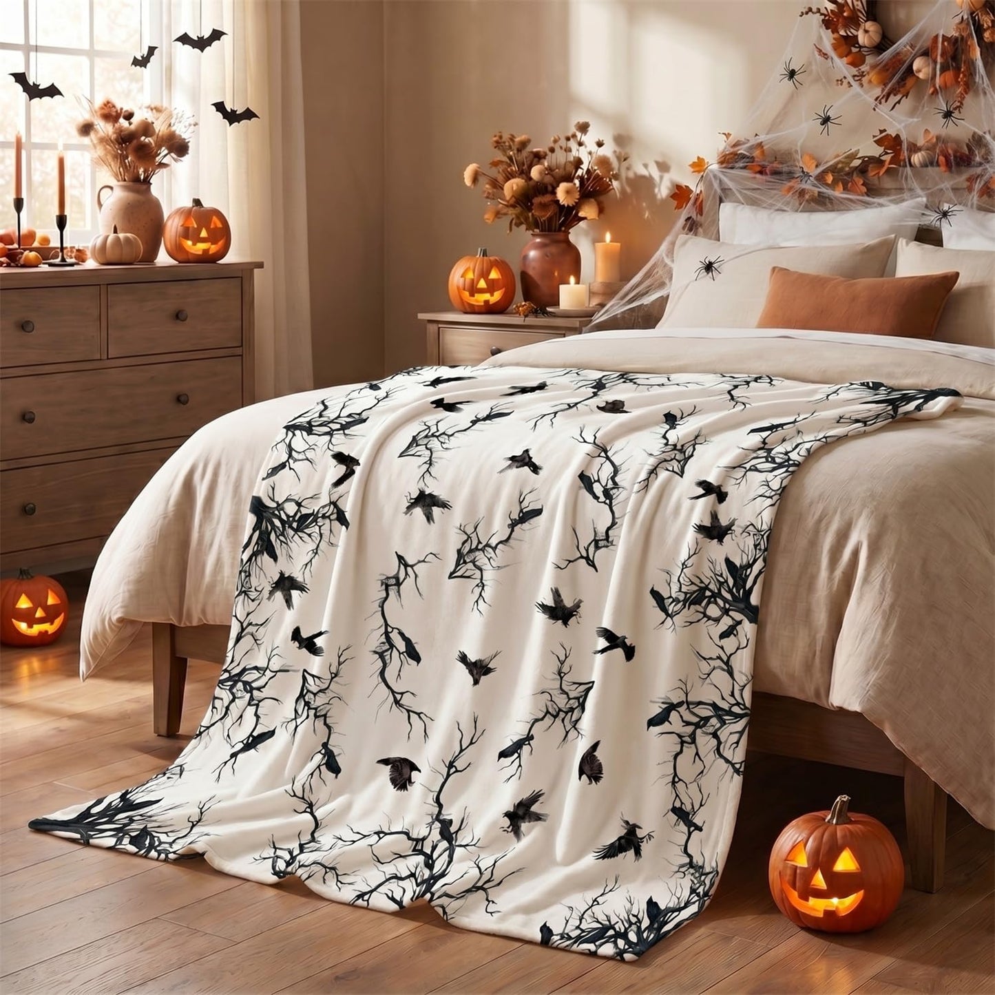 Horaldaily Halloween Flannel Blanket Throw, Crow Tree Soft Fuzzy Plush Cozy Fleece Blankets for Couch Sofa Bed Lounging, Ideal Gifts for Kids Adults Wife Self, 50x60