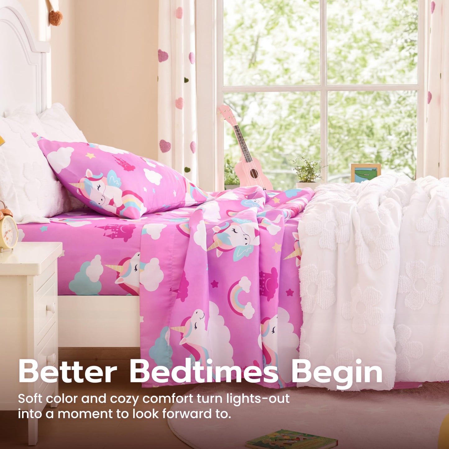 Joiedomi Kids Full Sheet Set Purple Unicorn - 4 Piece Soft Microfiber Bed Sheets - Deep Pocket Wrinkle Free, Cozy Toddler Bedding Set, Fade Resistant Breathable for Boys Girls Teens